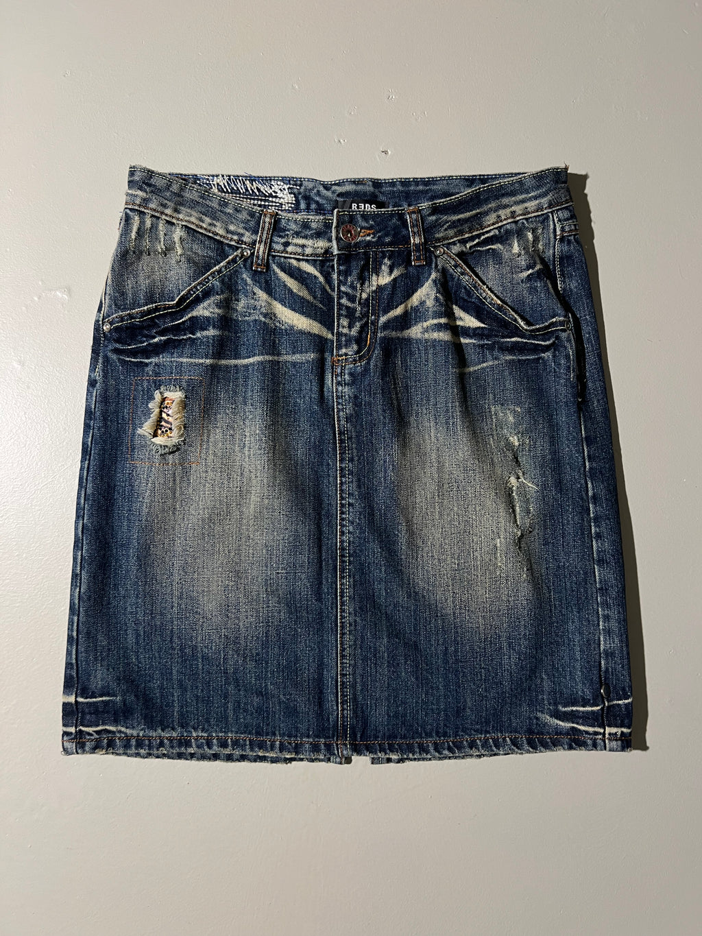 Vintage Jeans Midi Skirt with Ripped Details M