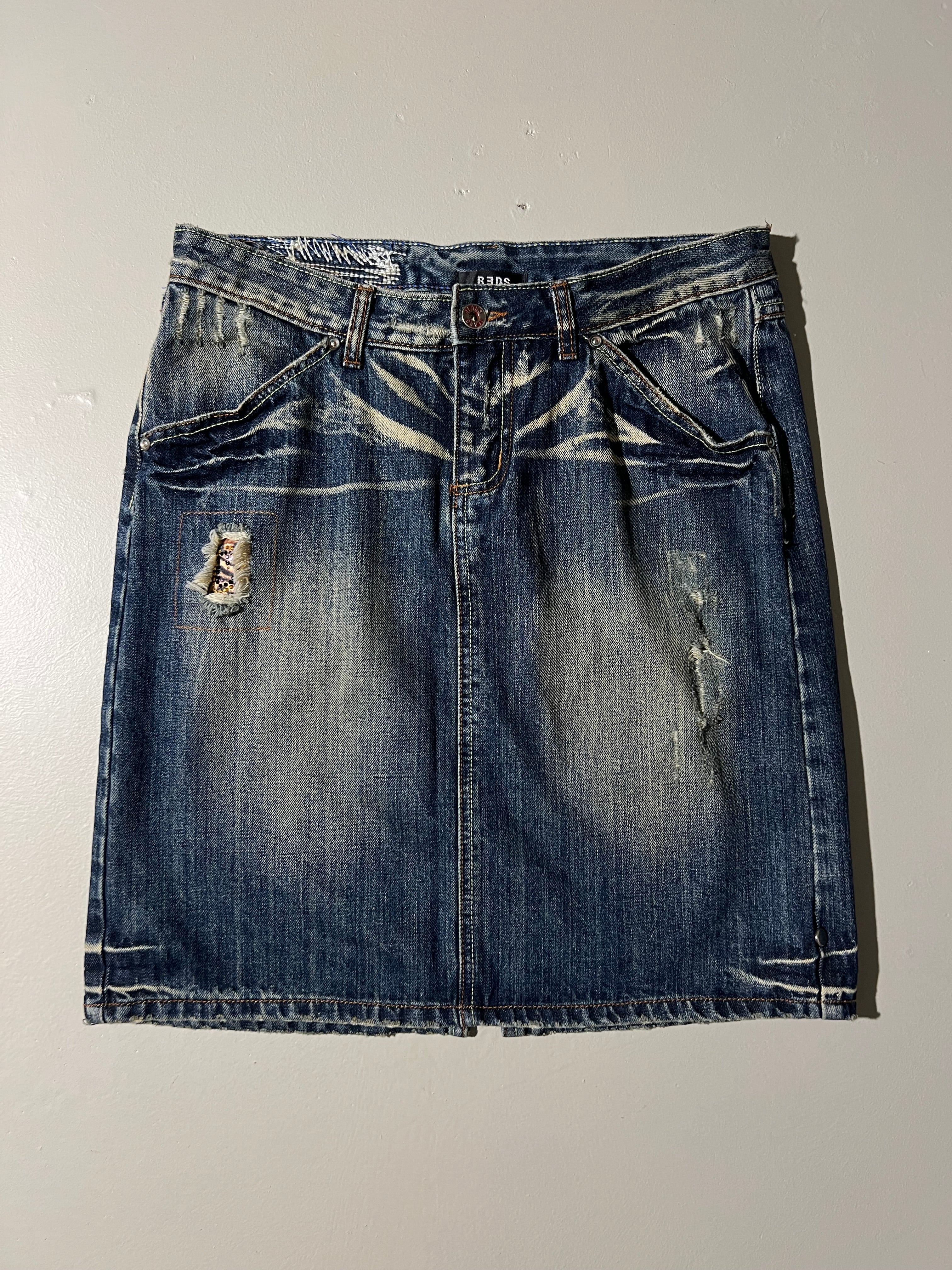 Vintage Jeans Midi Skirt with Ripped Details M