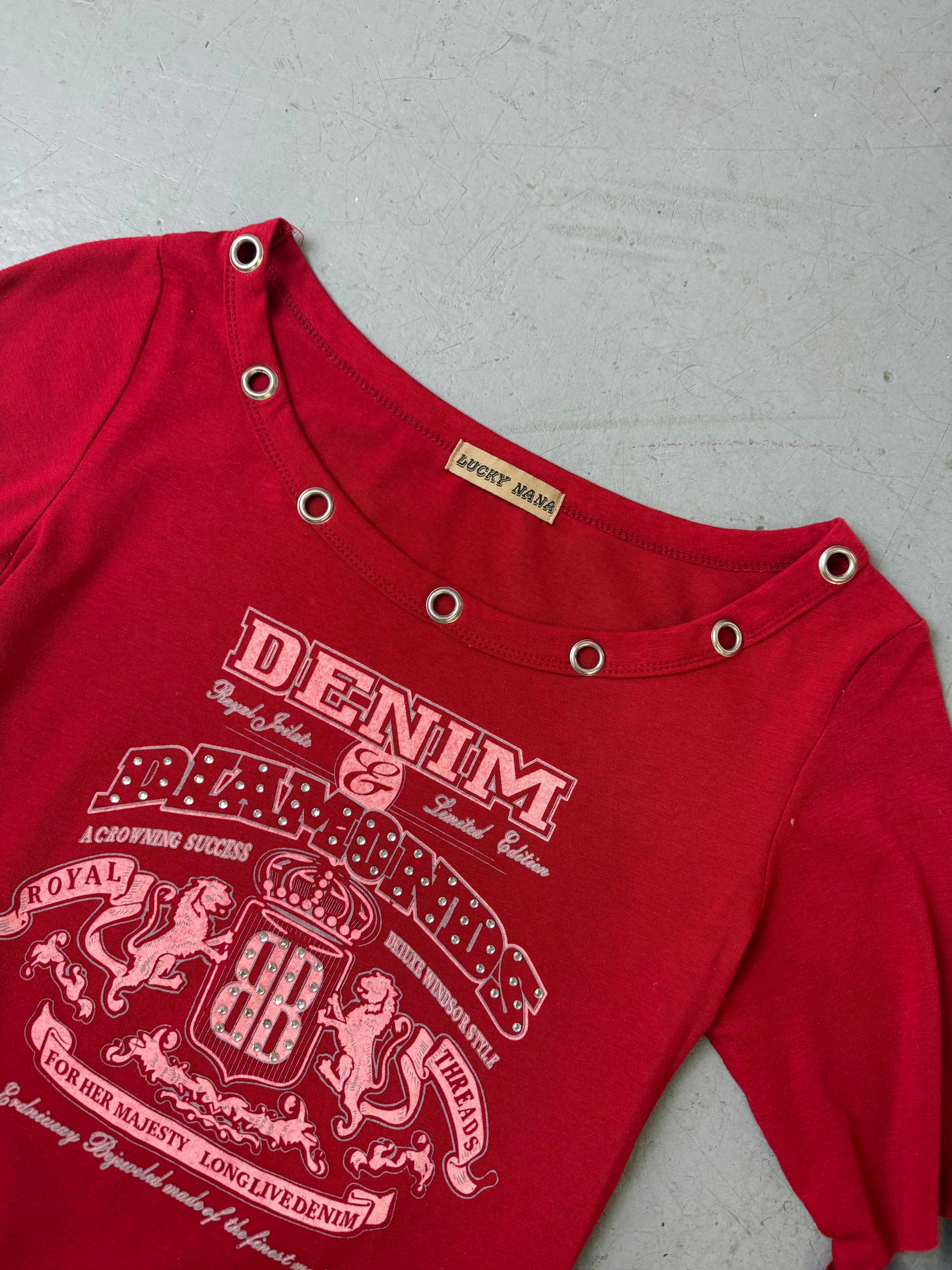 Vintage Lucky Nana Red Cutted Up Longsleeve für Damen. Secondhand Y2K 2000s Fashion