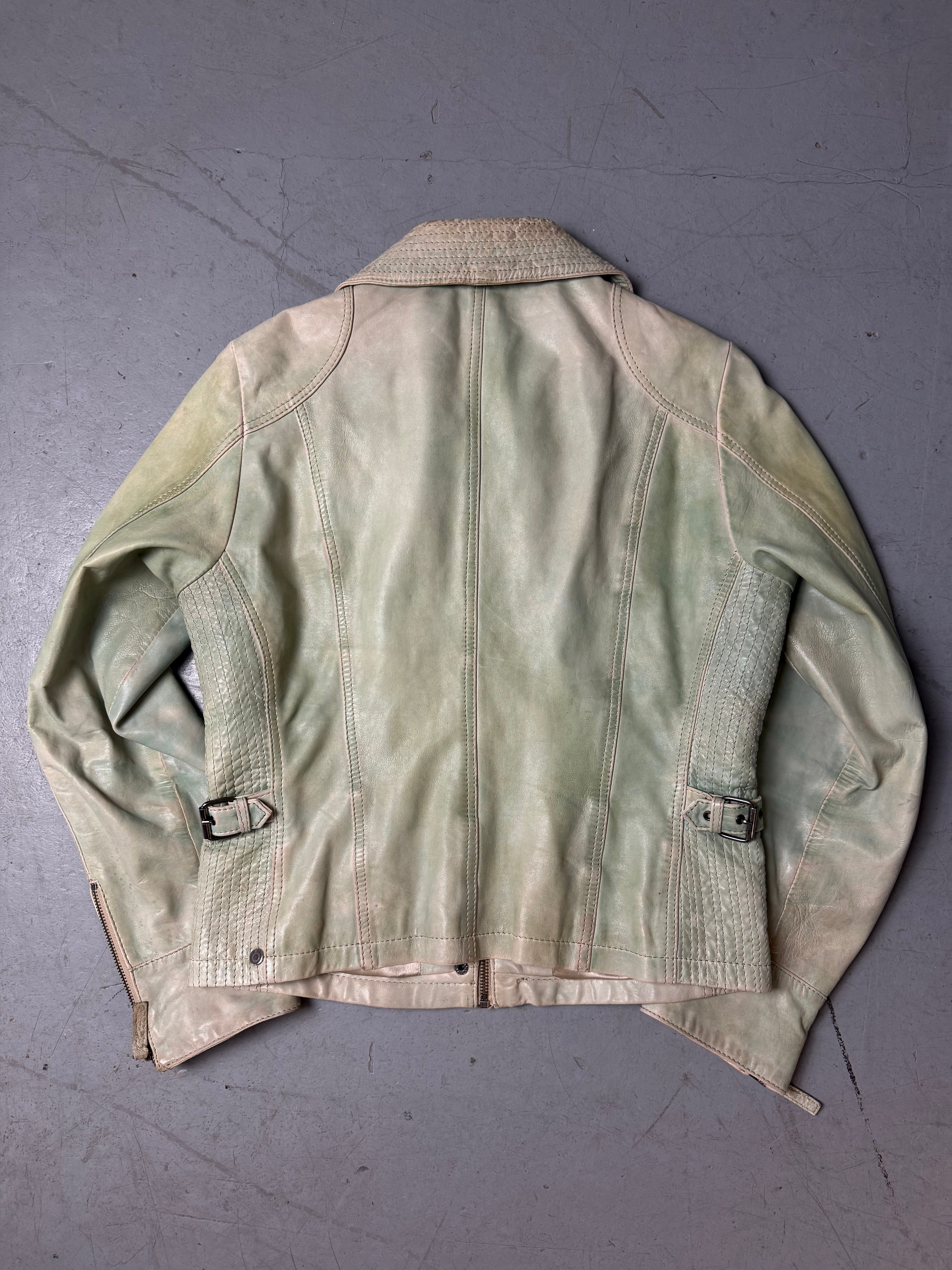 Vintage Gipsy Mint Green Leather Jacket Whit nice details for girls. Y2K Second Hand 2000s Fashion 