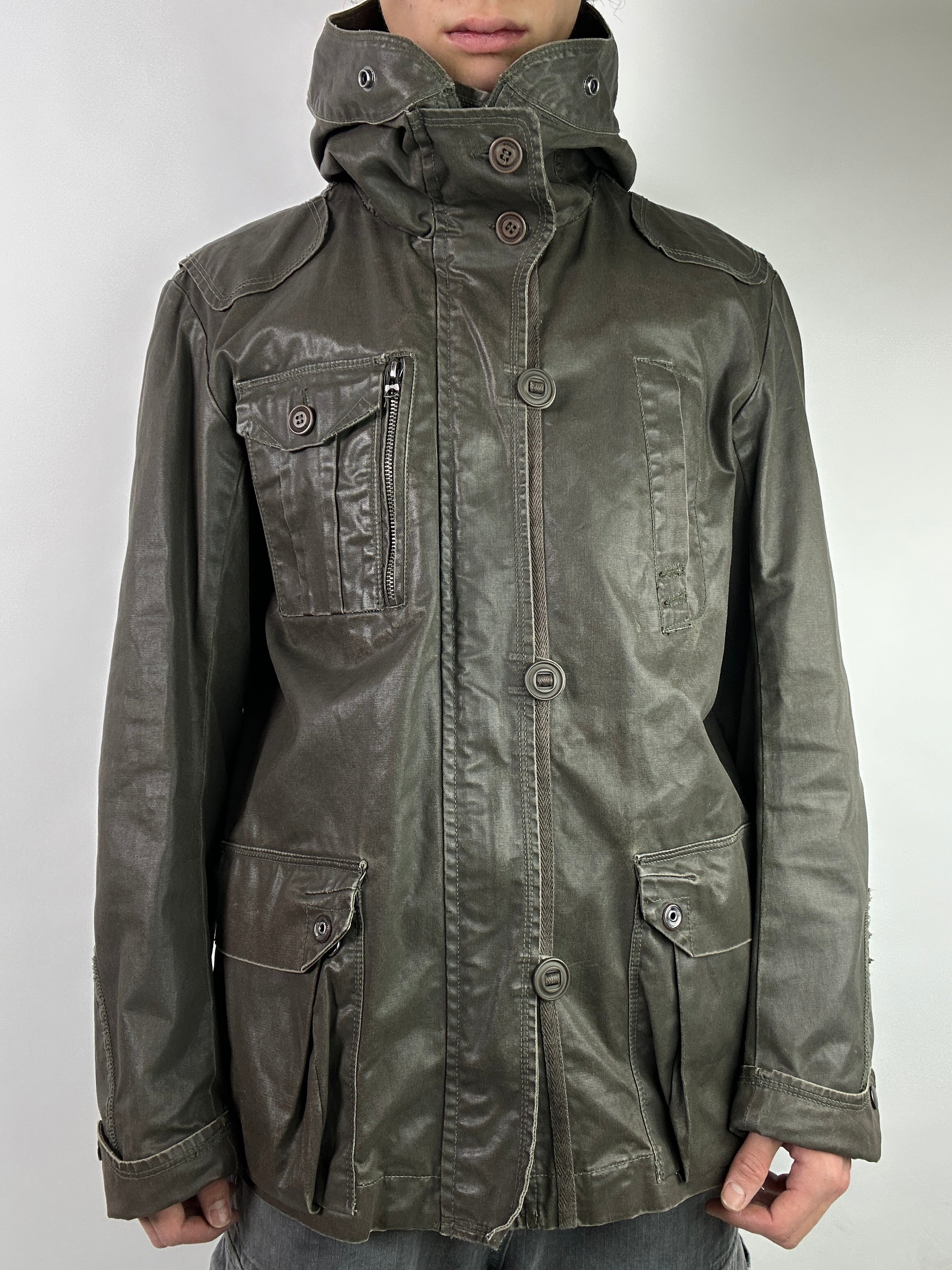 Vintage Waxed Khaki Diesel Hooded Parka L/XL