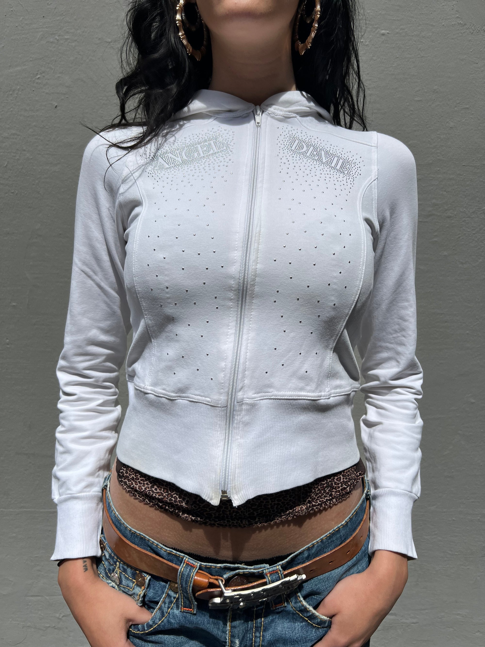 Vintage White Sparkly Angel Devil Zip Jacket S