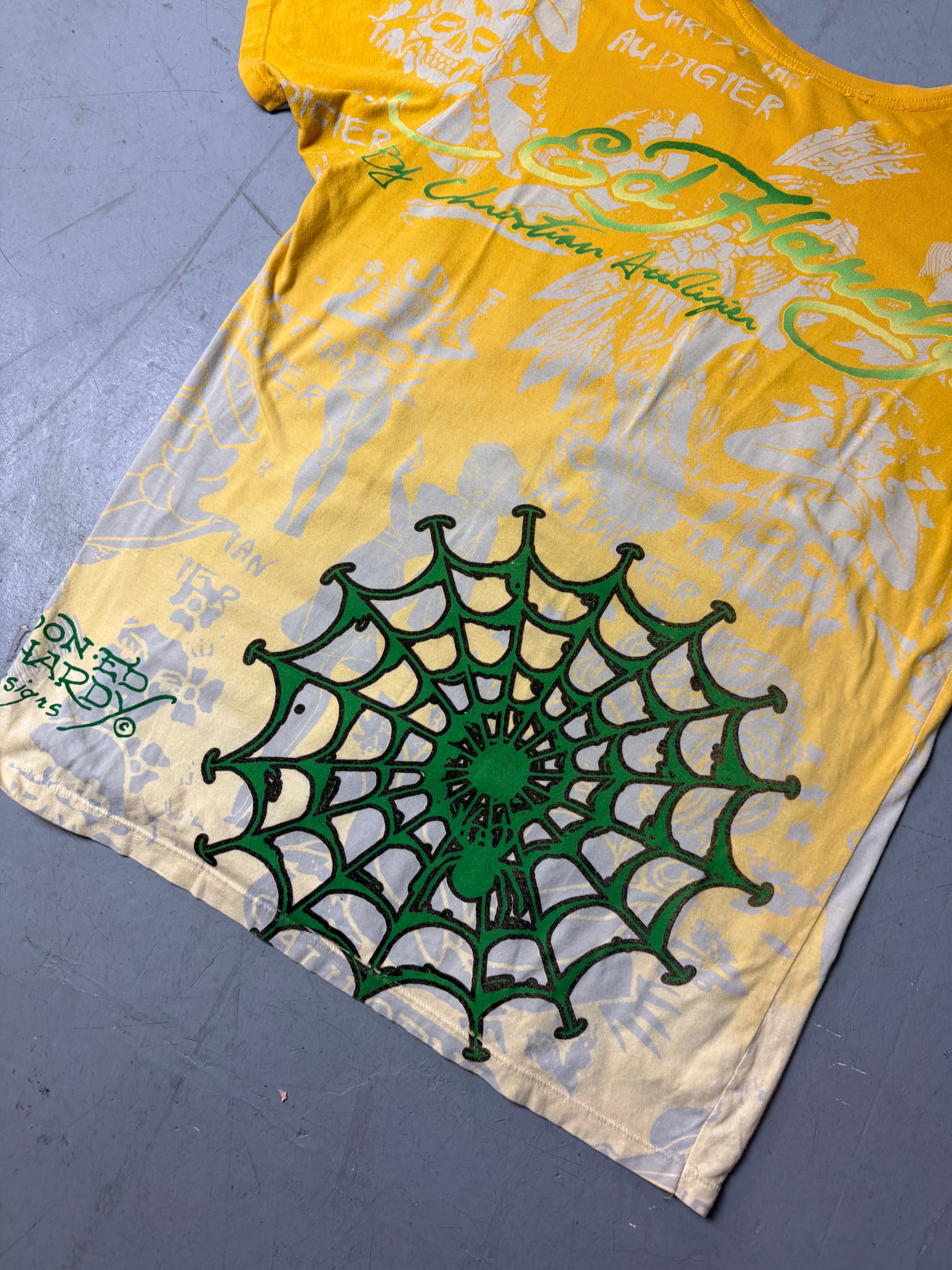 Detailbild von einem Vintage Ed Hardy Yellow Printed T-Shirt von Aufdruck auf T-Shirt Rückseite