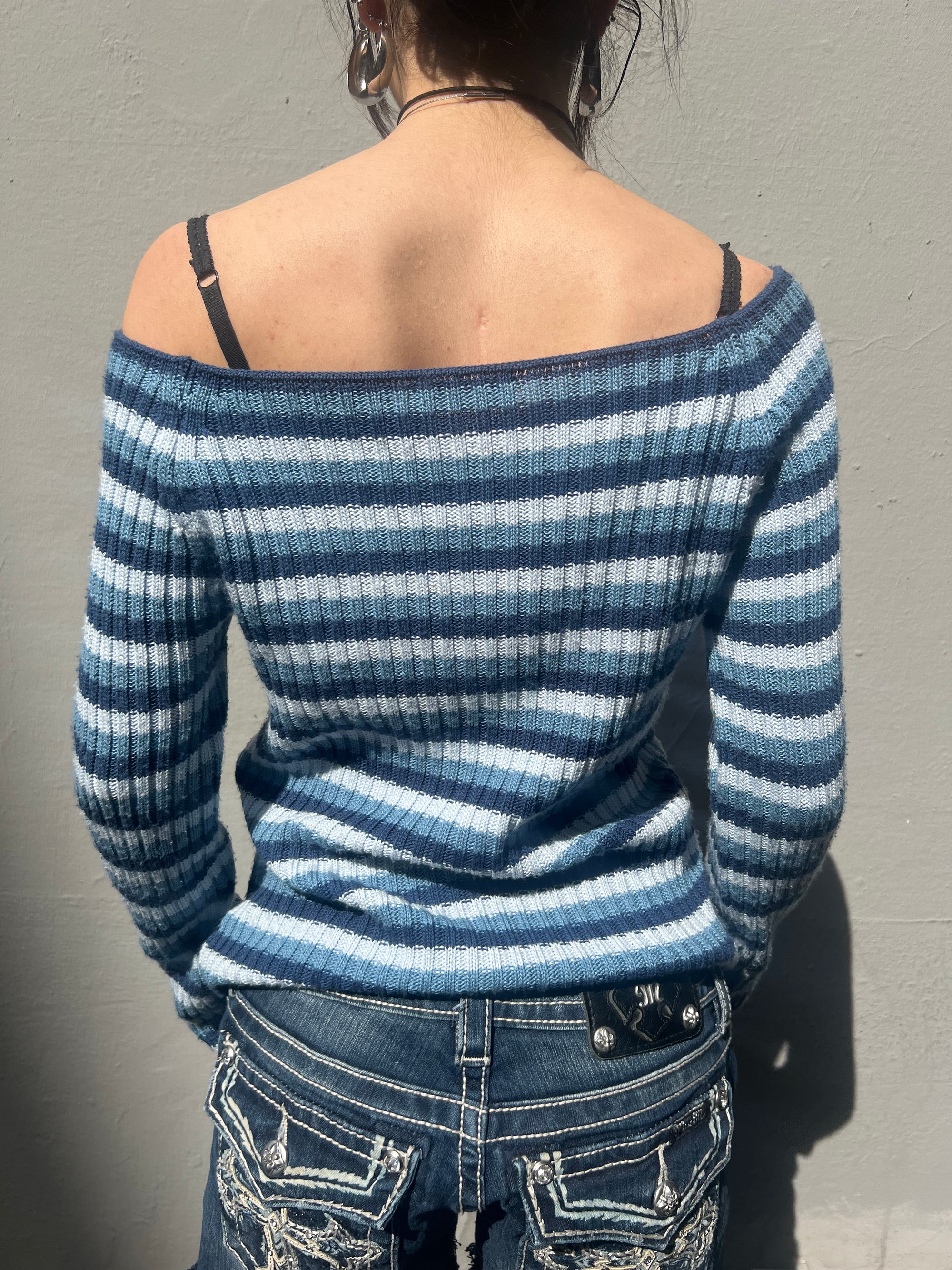 Vintage Blue White Striped Knit Sweater S