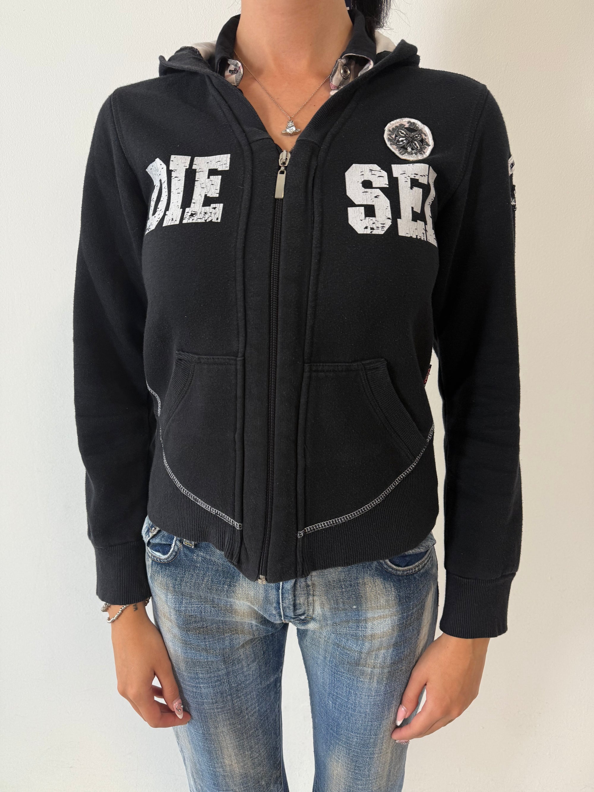 Vintage Diesel Black Zip Hoodie with Flower Backprint S/M