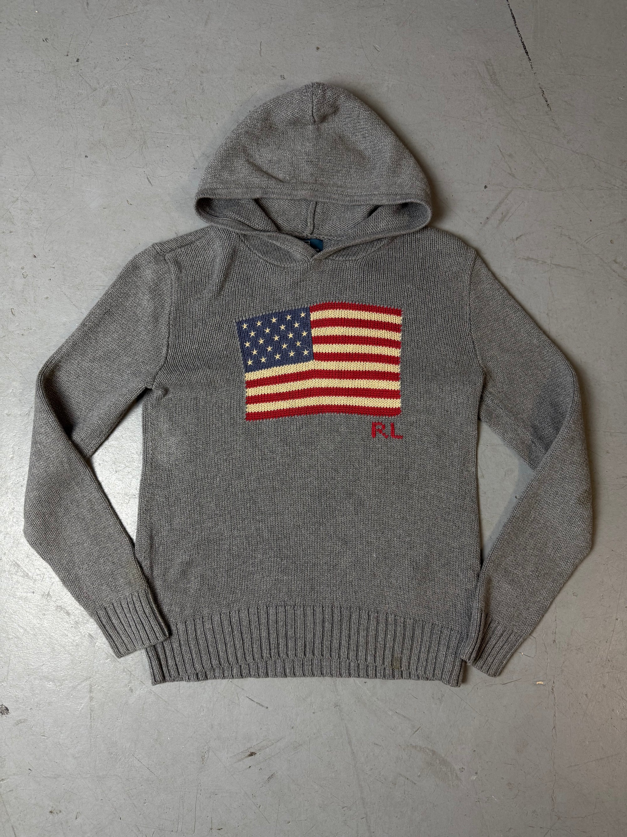 Produktbild von Vintage Polo Ralph Lauren Grey Knit Hoodie von vorne