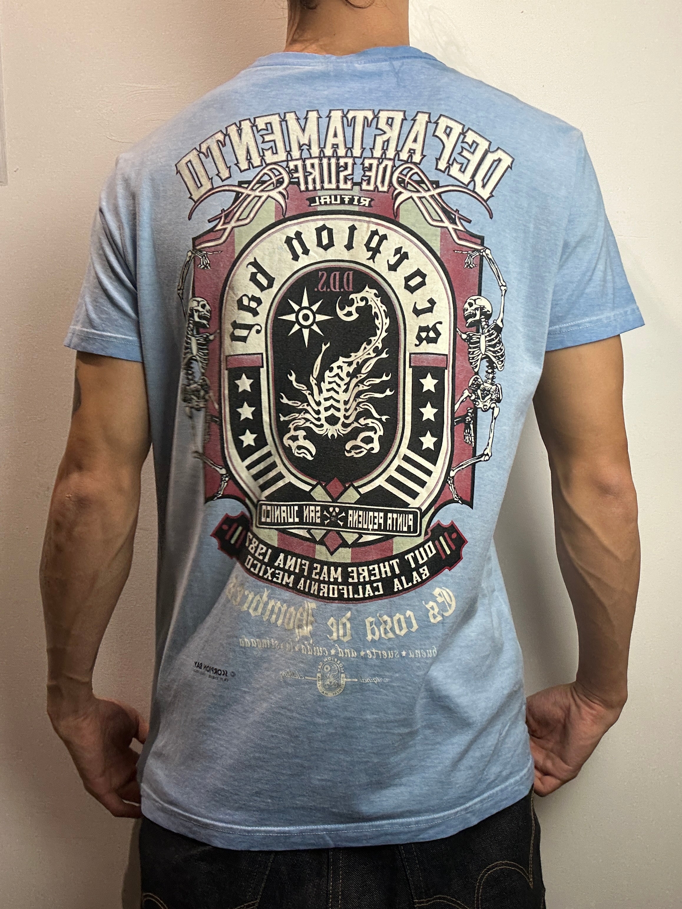 Tragebild von einem Vintage Scorpion Bay Blue Printed T-Shirt von hinten