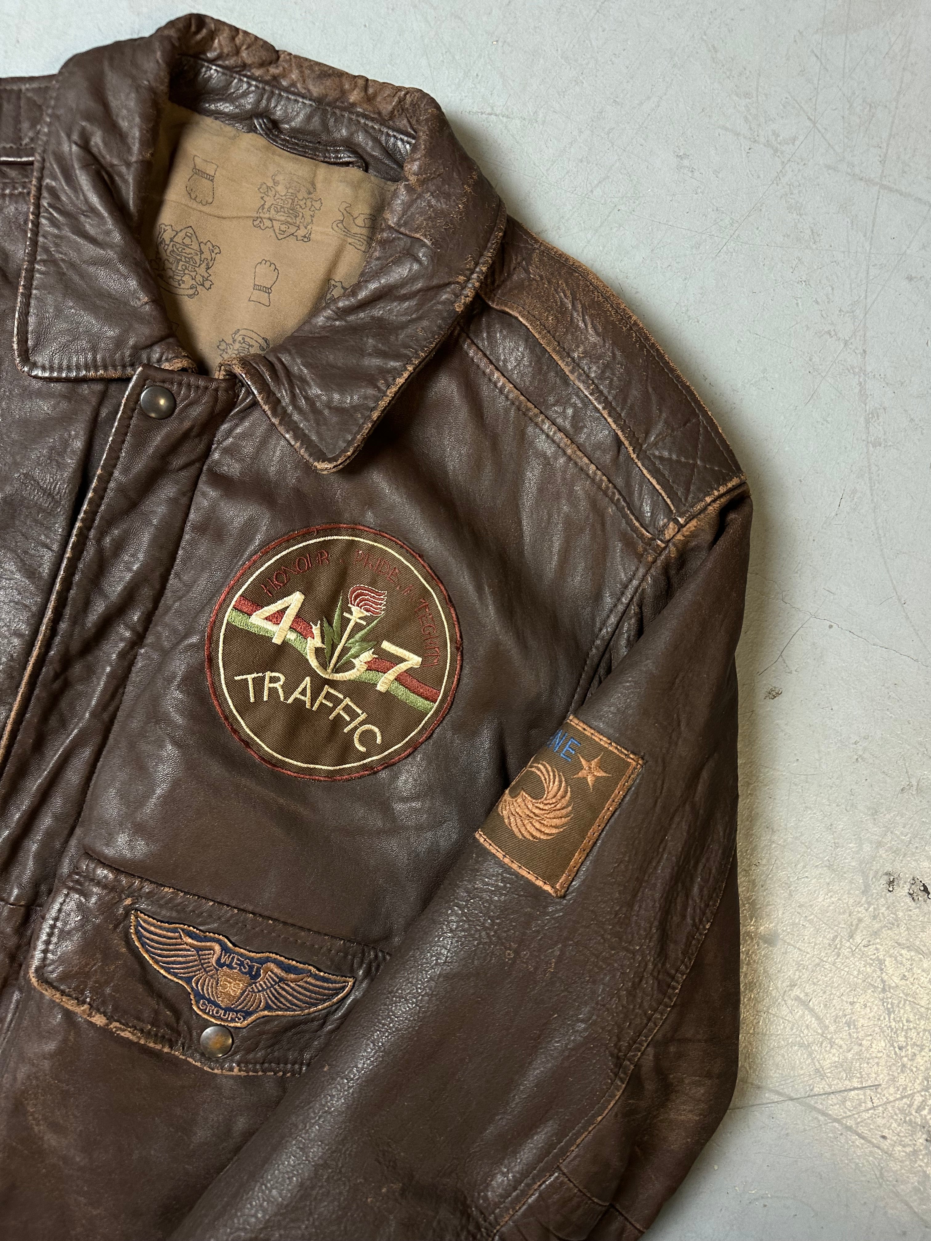 Vintage Brown Real Leather Jacket with Patches M