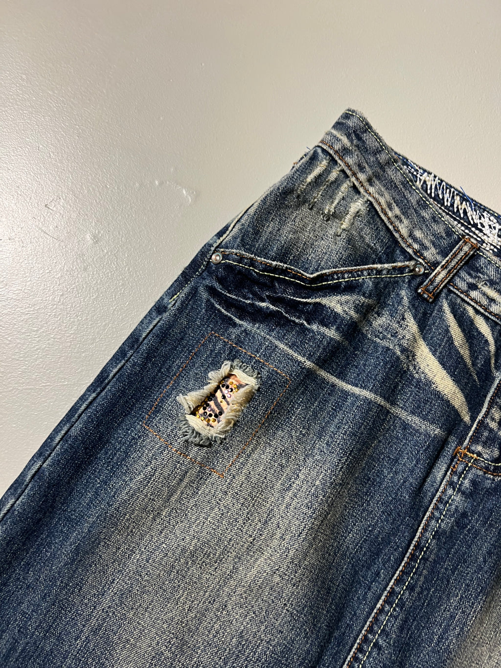 Vintage Jeans Midi Skirt with Ripped Details M