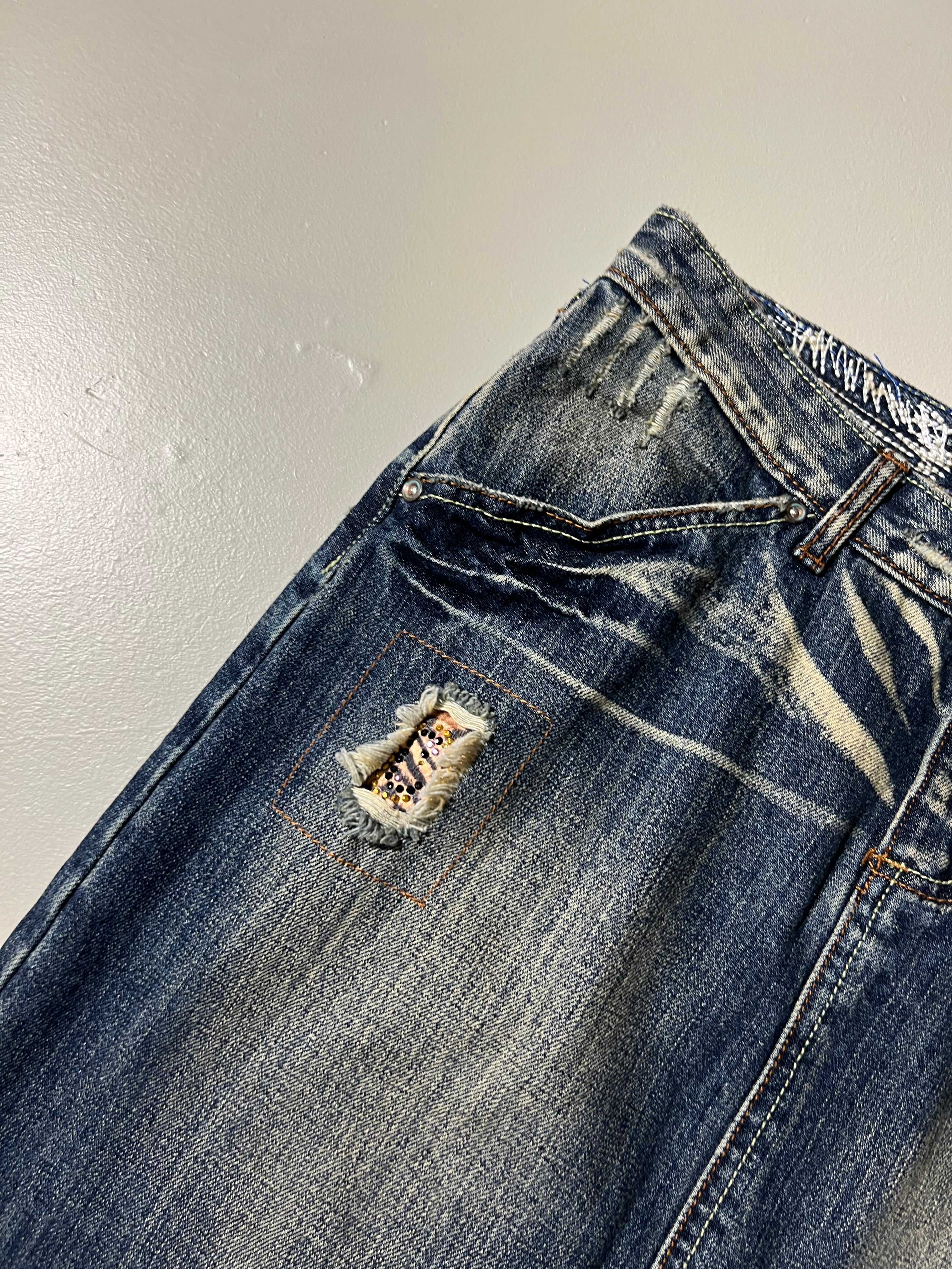 Vintage Jeans Midi Skirt with Ripped Details M