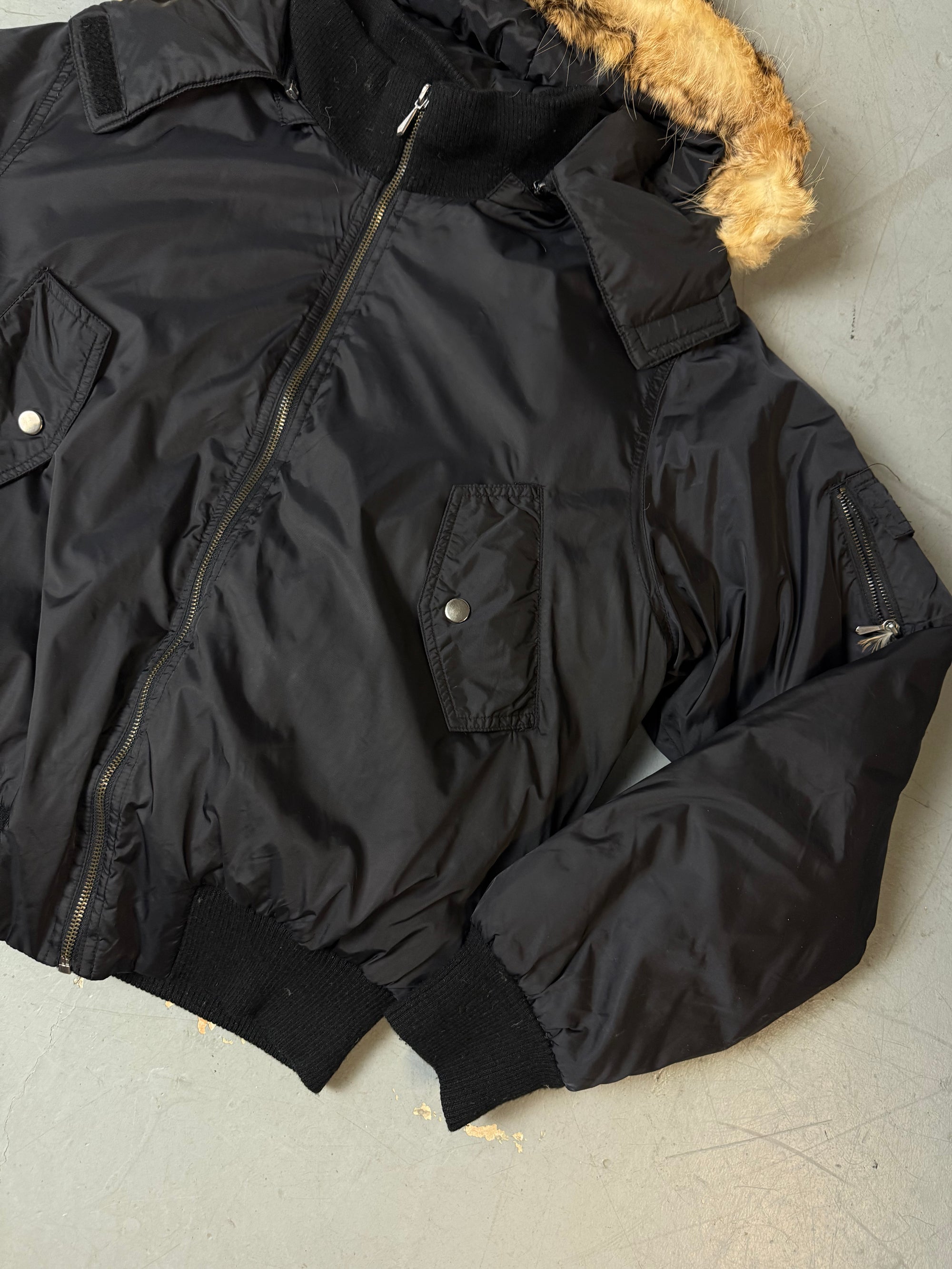 Vintage Y2K Black Bomber Jacket with Fur Hood M/L
