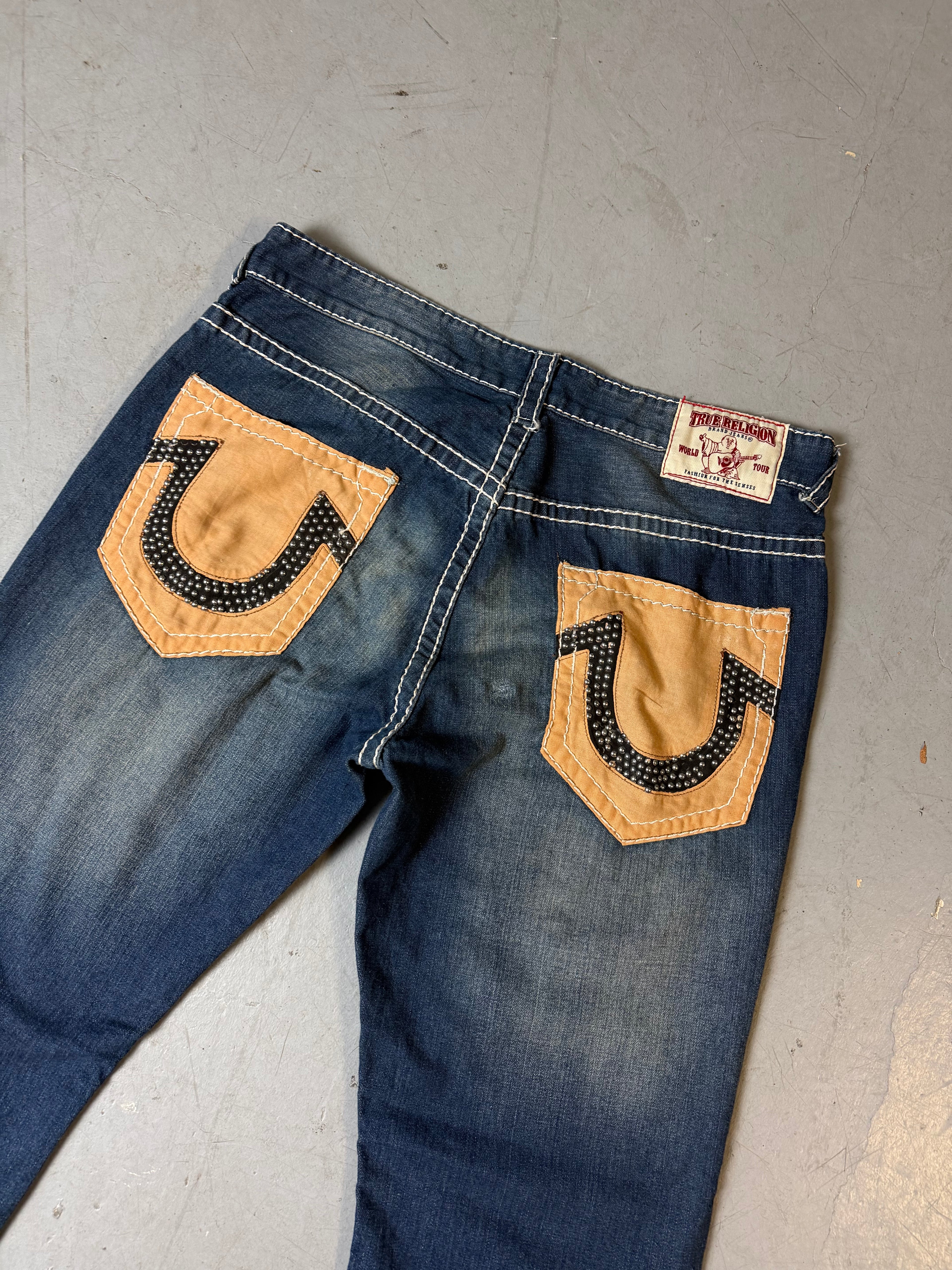 Vintage True Religion Baggy Denim with Beige/Brown Pockets XL