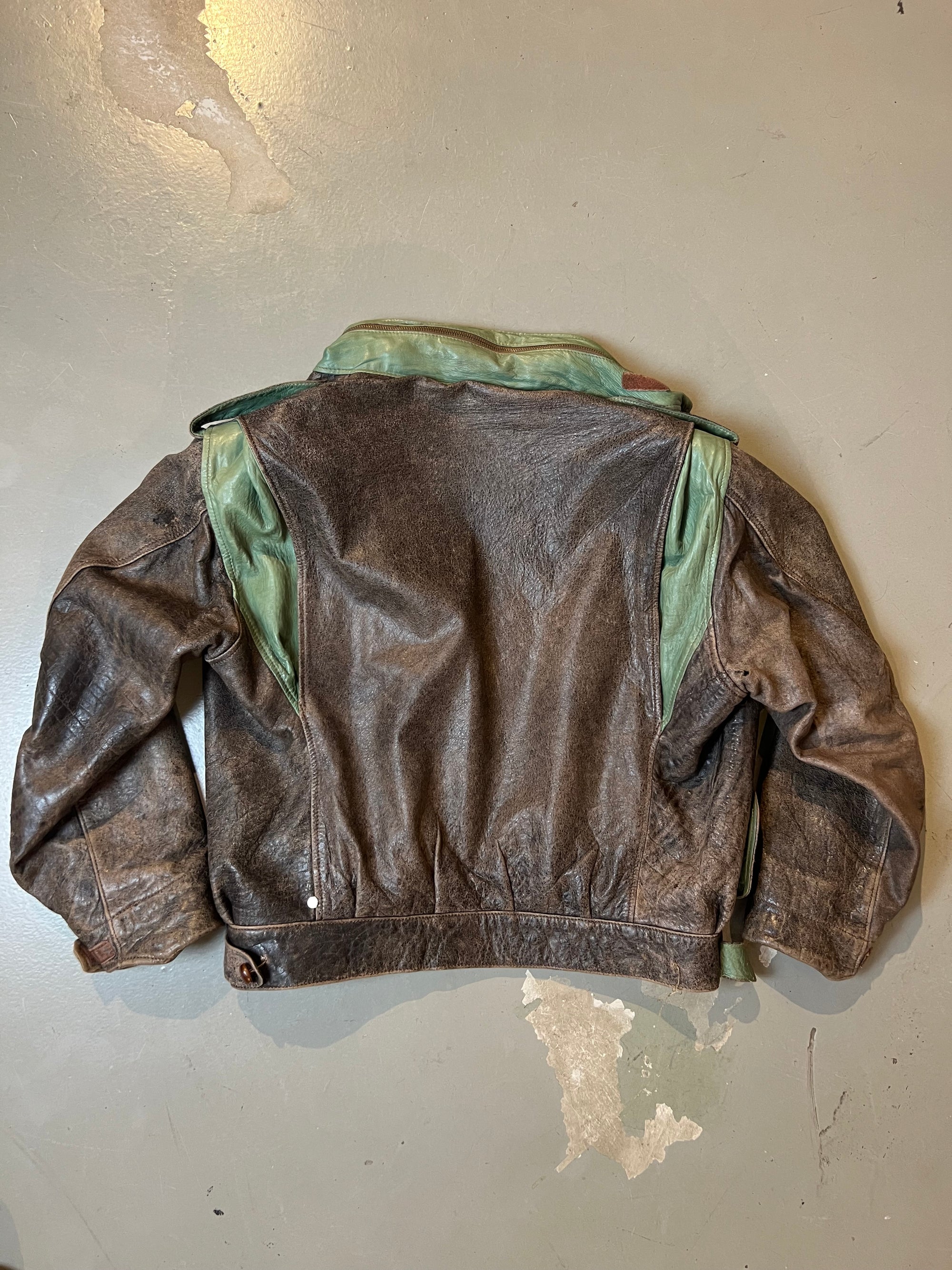 Vintage Brown Leather Jacket With Green Details L/XL