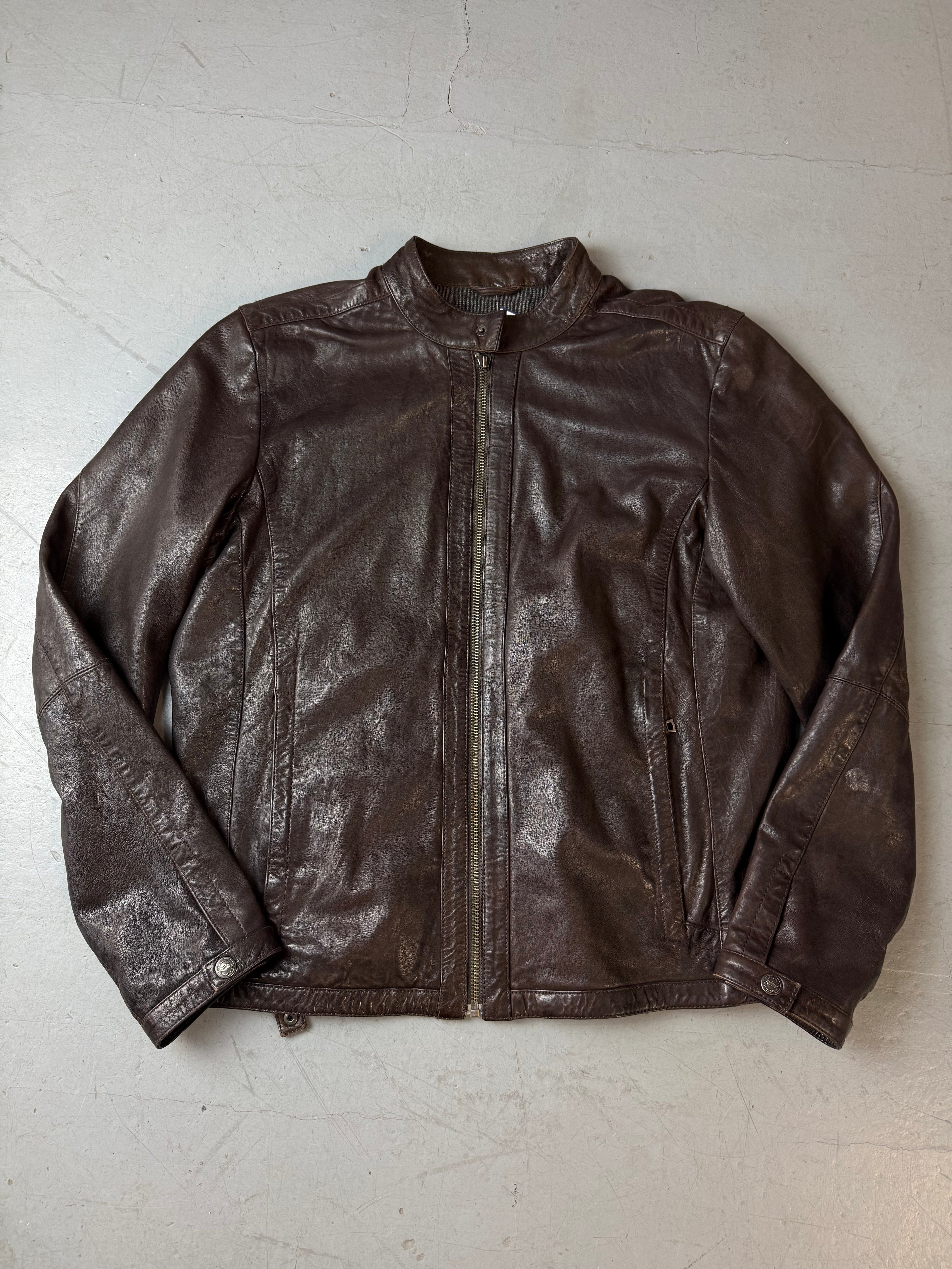 Vintage Gas Brown Leather Jacket für Herren. Y2K 2000s Fashion.