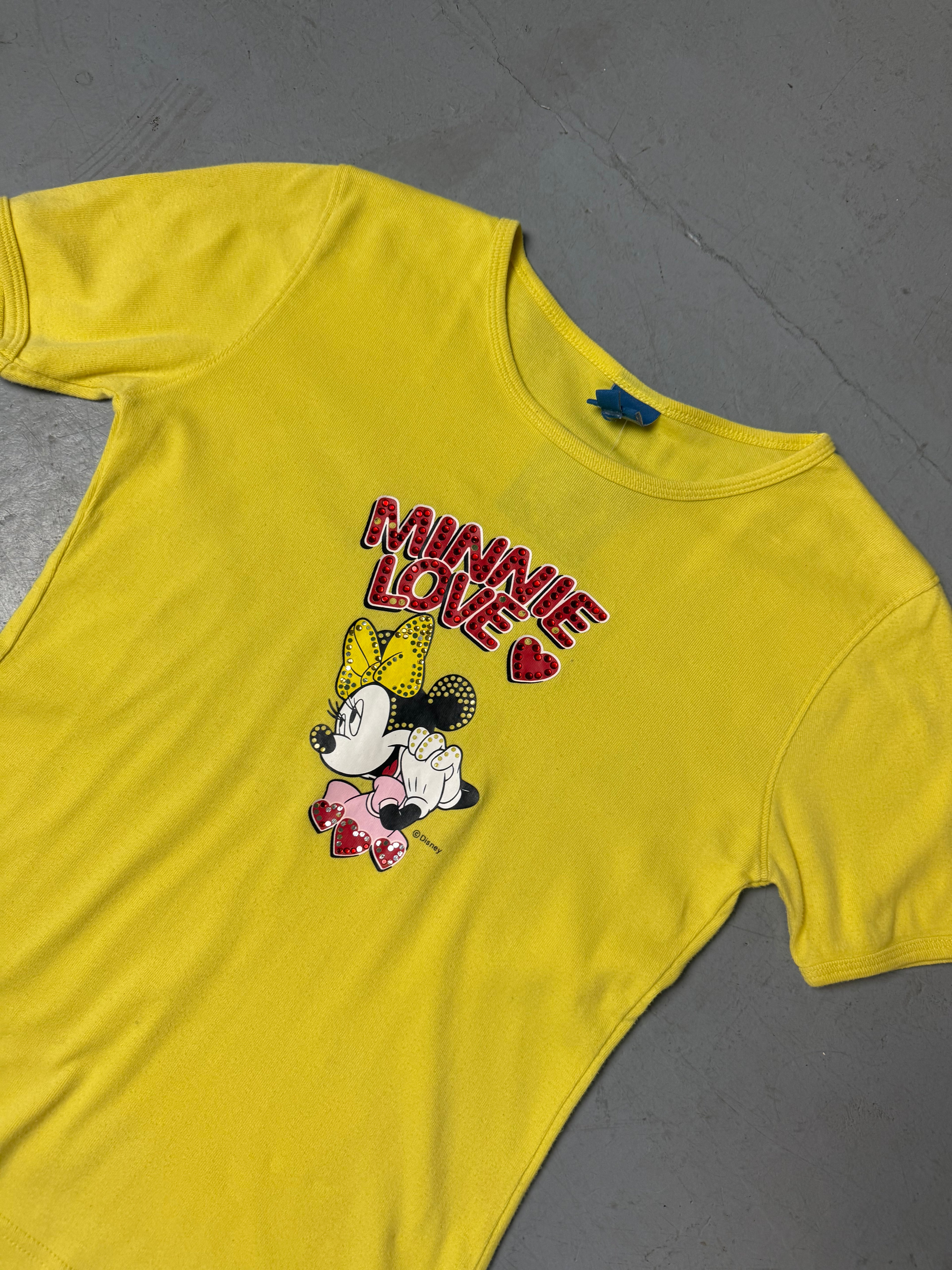 Detailliertes Produktbild von Vintage Disney Minnie Mouse T-Shirt S/M von vorne auf grauem Boden 