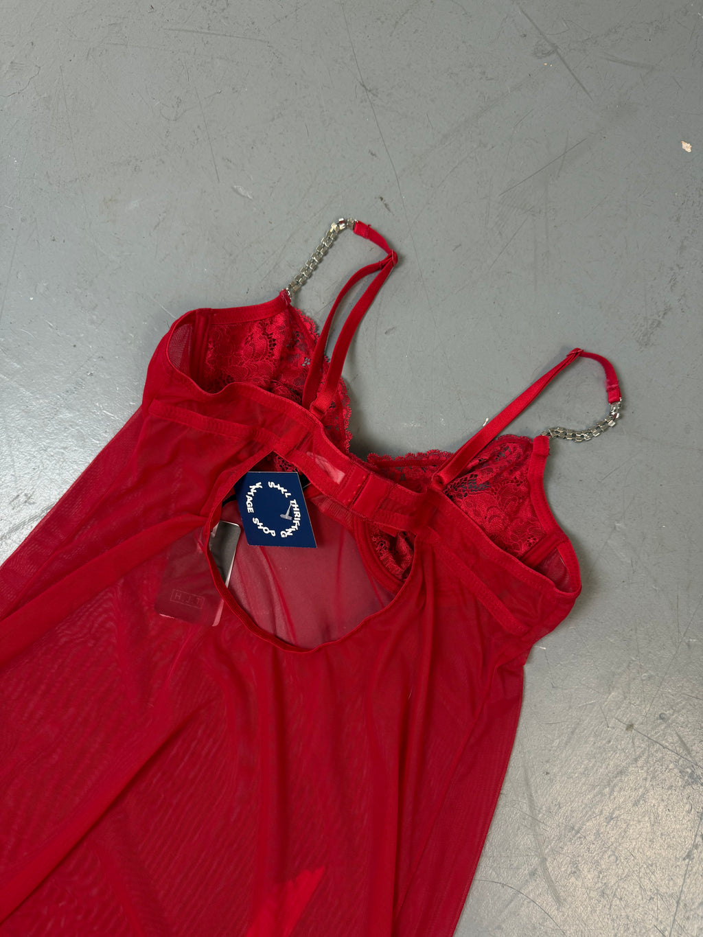 Vintage Red Mesh Top with Rhinestone Straps S