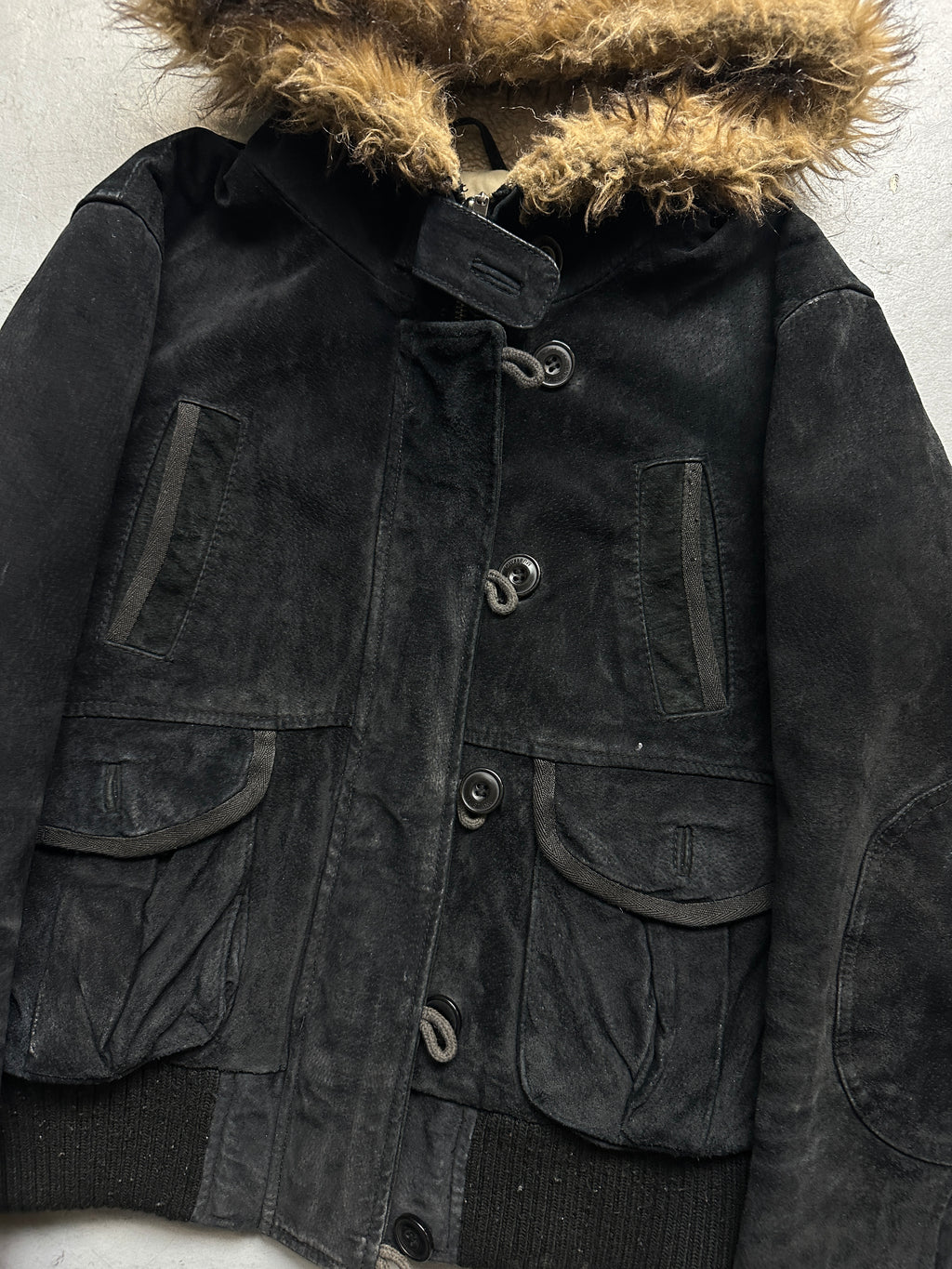 Vintage Mustang Black Fur Hooded Leather Jacket for women. Y2K Second Hand 2000s Fashion 