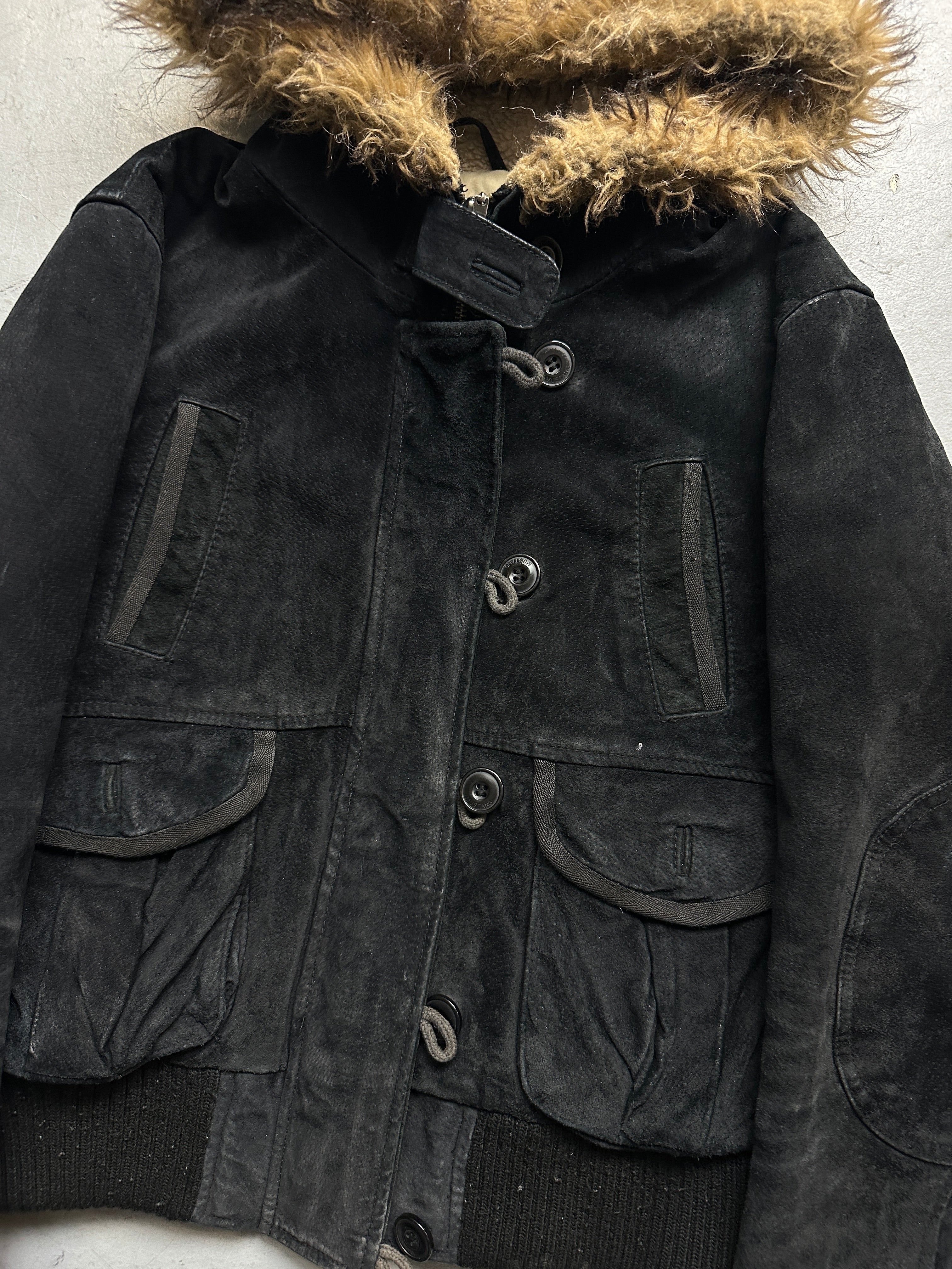 Vintage Mustang Black Fur Hooded Leather Jacket for women. Y2K Second Hand 2000s Fashion 