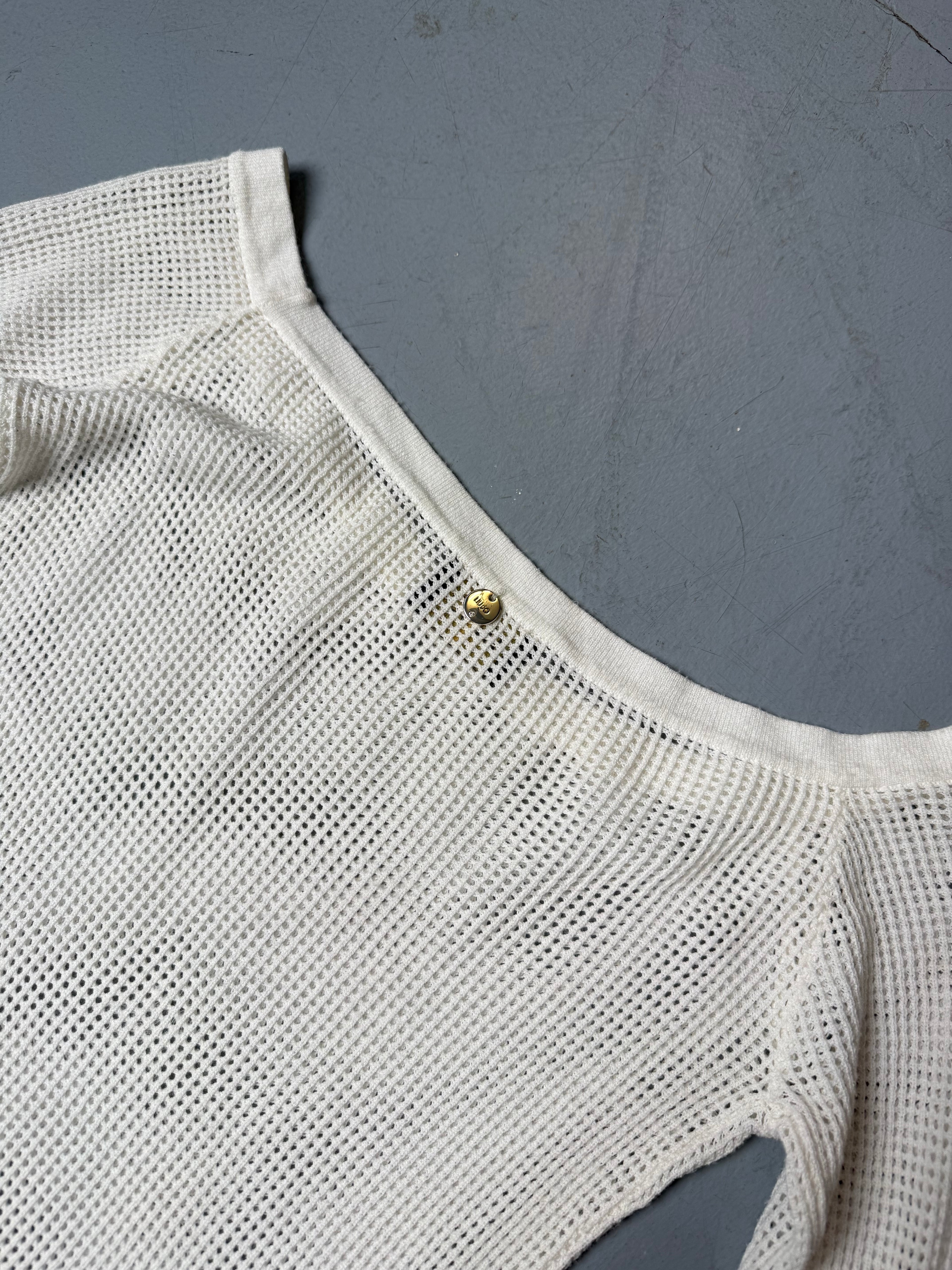 Vintage Liu Jo White Fishnet Offshoulder Longsleeve für Damen. Y2K Second Hand 2000s Fashion