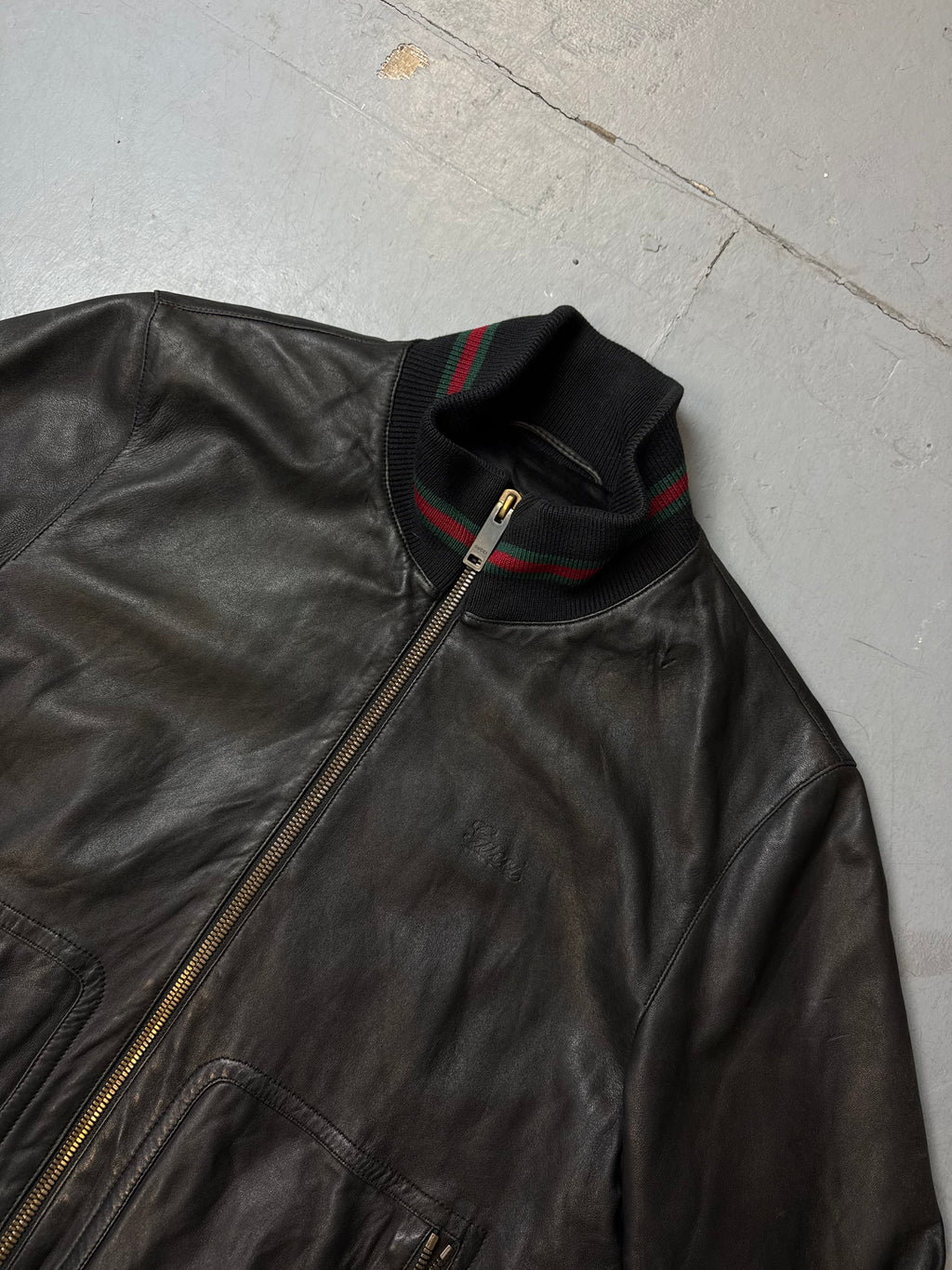 Vintage Gucci Black Leather Bomber Jacket M