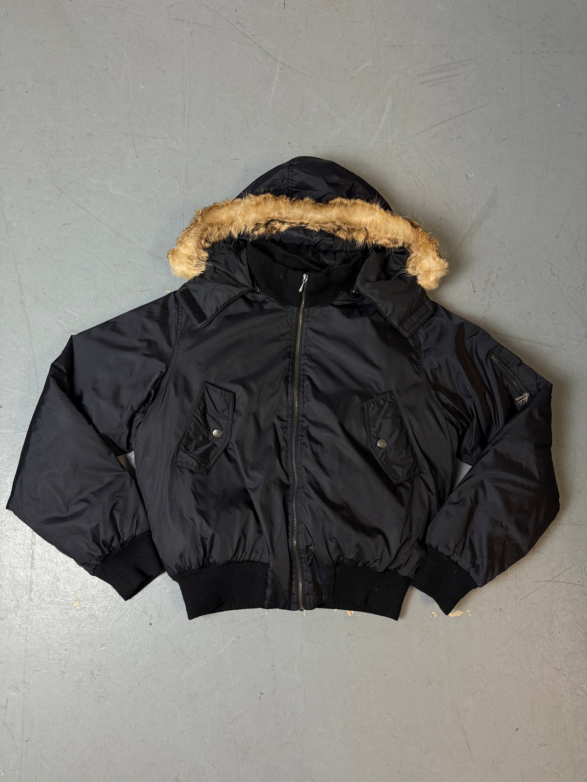 Vintage Y2K Black Bomber Jacket with Fur Hood M/L