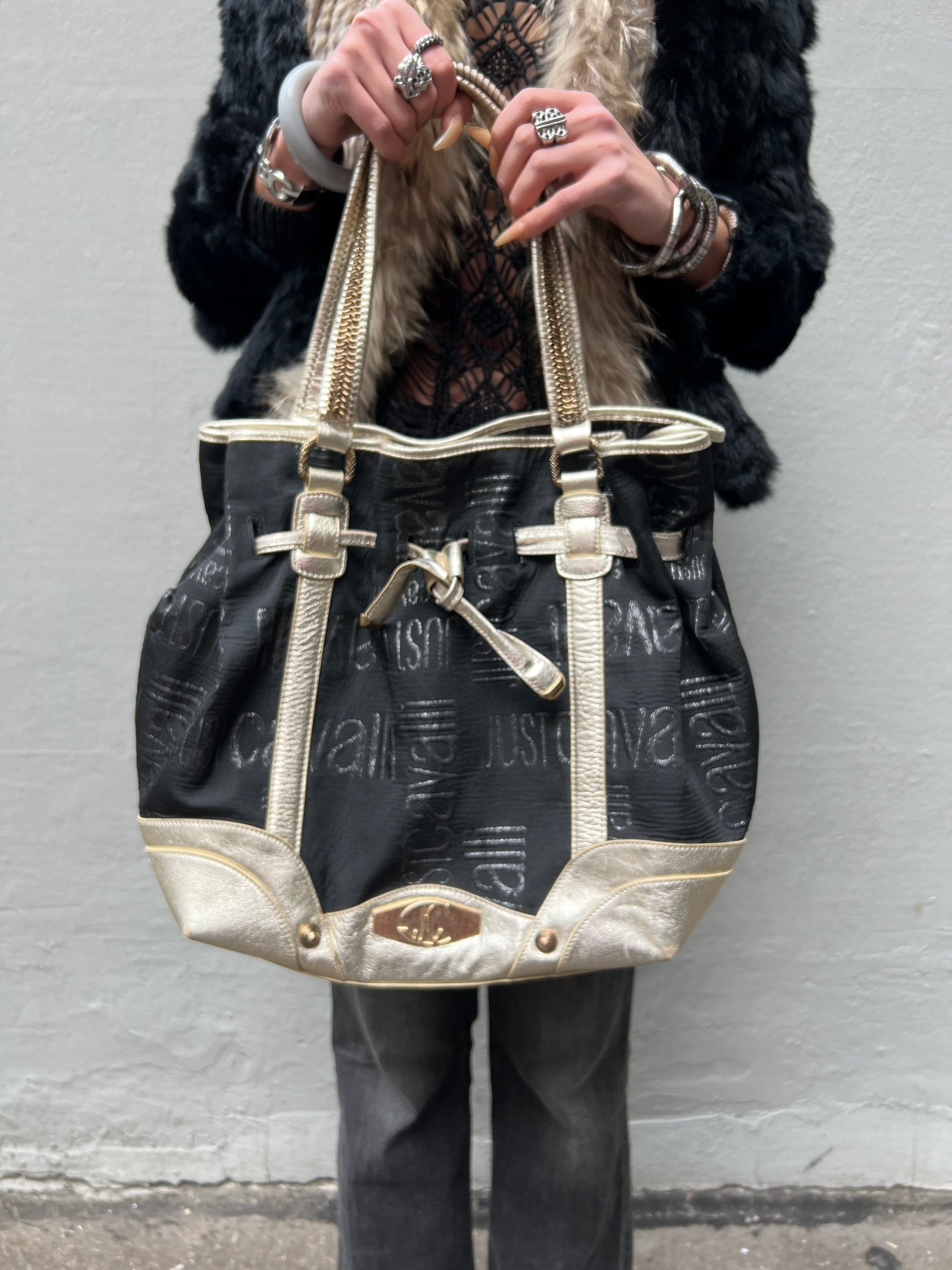 Vintage Just Cavalli Black and Gold Y2K Bag