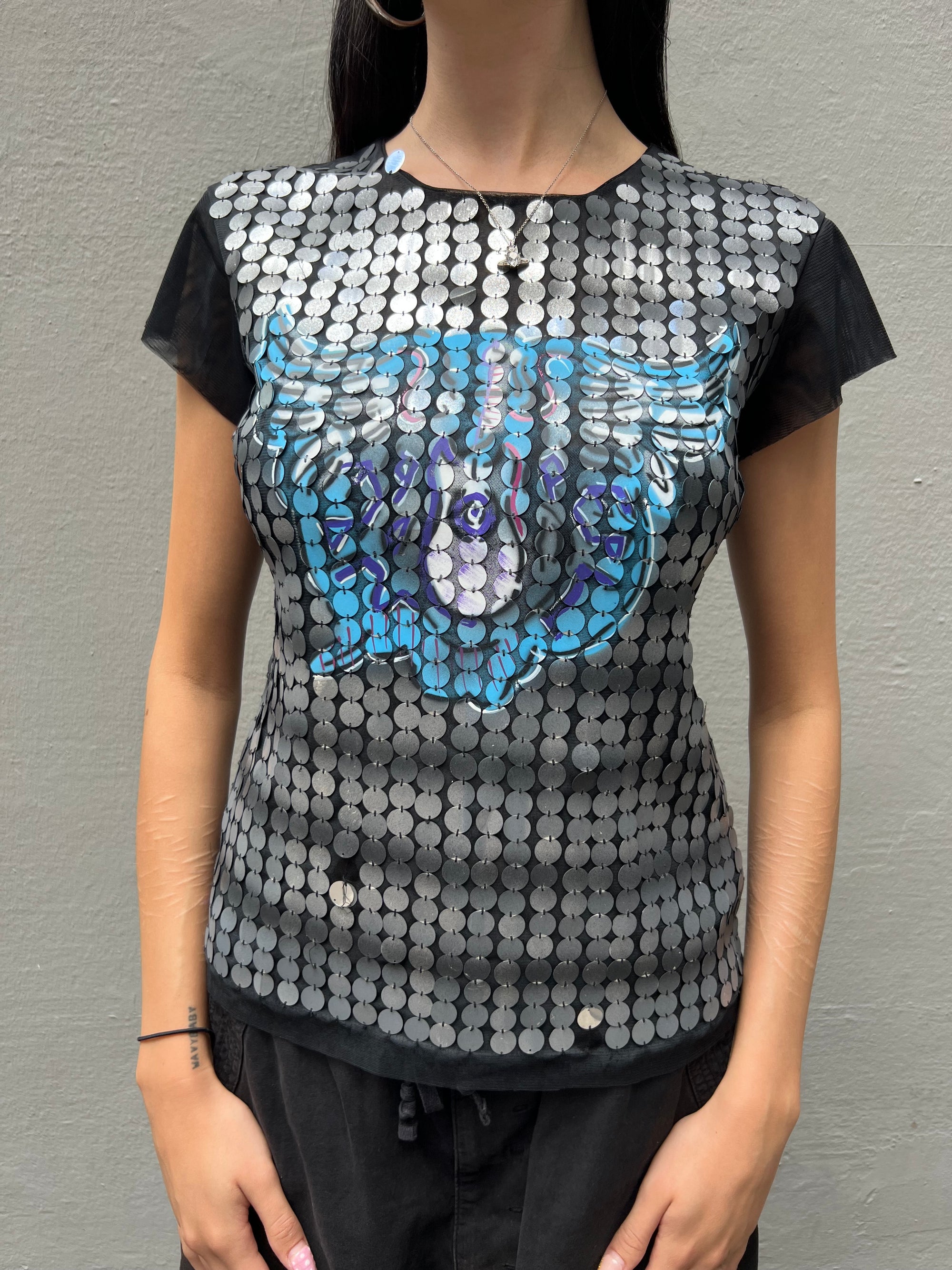 Vintage Black Grey Pailletten T-Shirt S/M