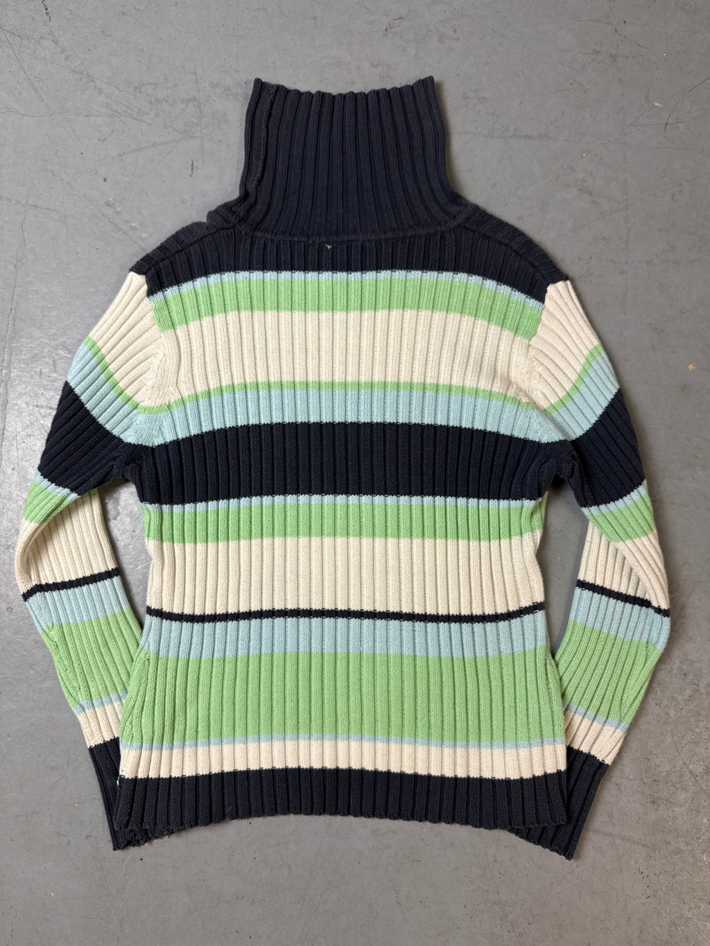 Vintage Blue and Green Striped Turtleneck Knit Sweater L