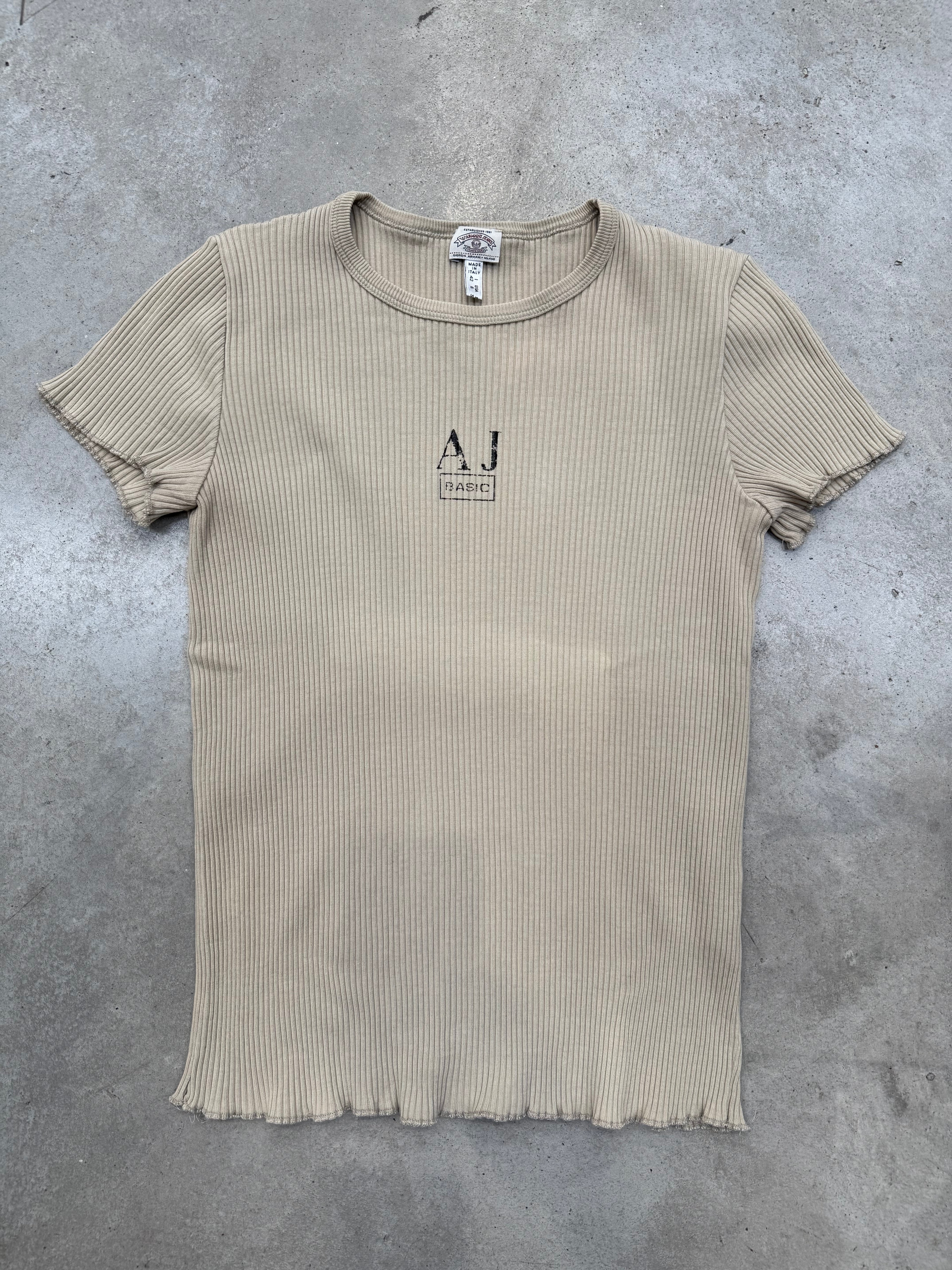 Vintage Armani Jeans Beige Ribbed T-Shirt S/M