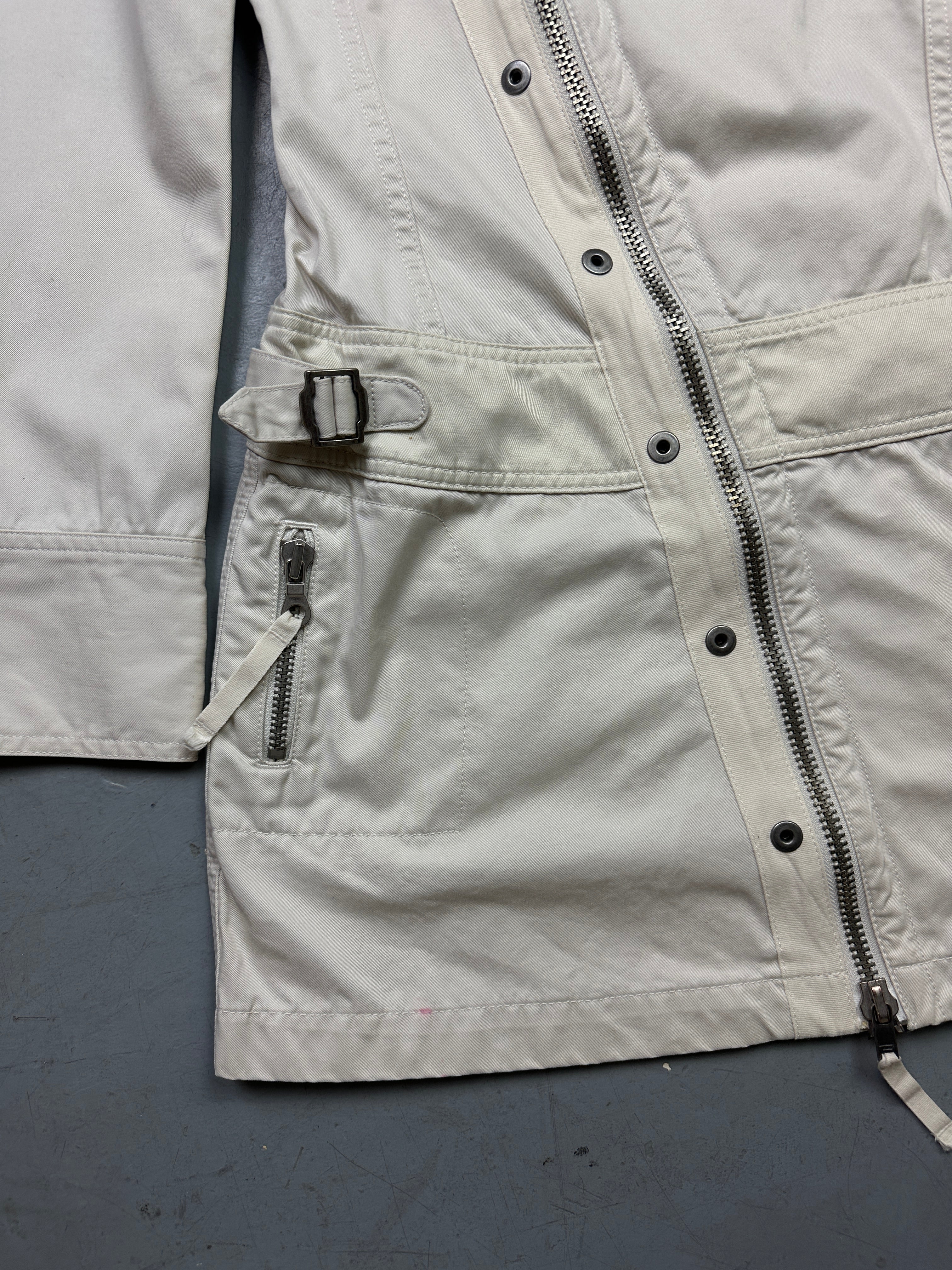 Vintage Diesel Rising Sun White Coat with asymmetrical zip. Y2K Second Hand 2000s Fashion