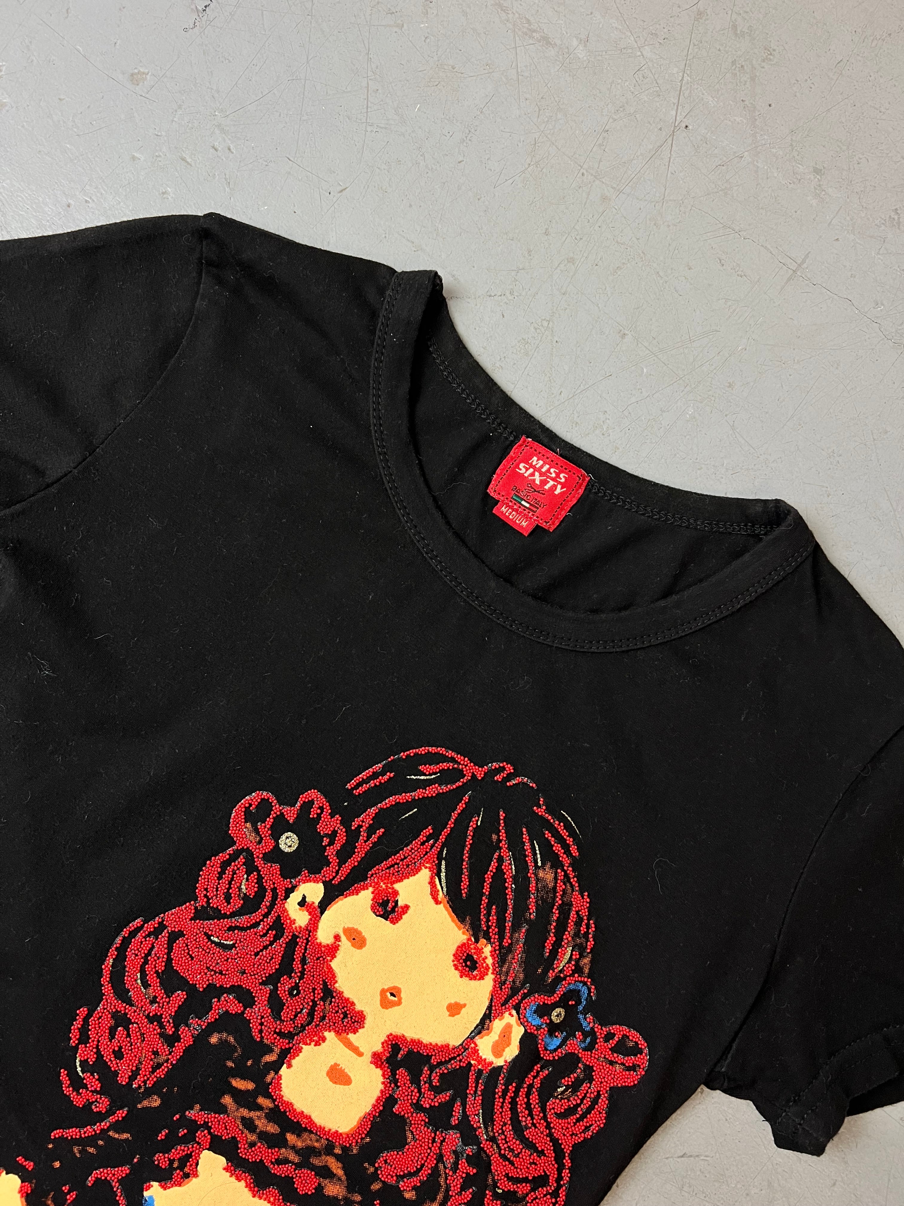Vintage Miss Sixty Black Printed T-Shirt mit bunten Details für Damen. Y2K Second Hand 2000s Fashion