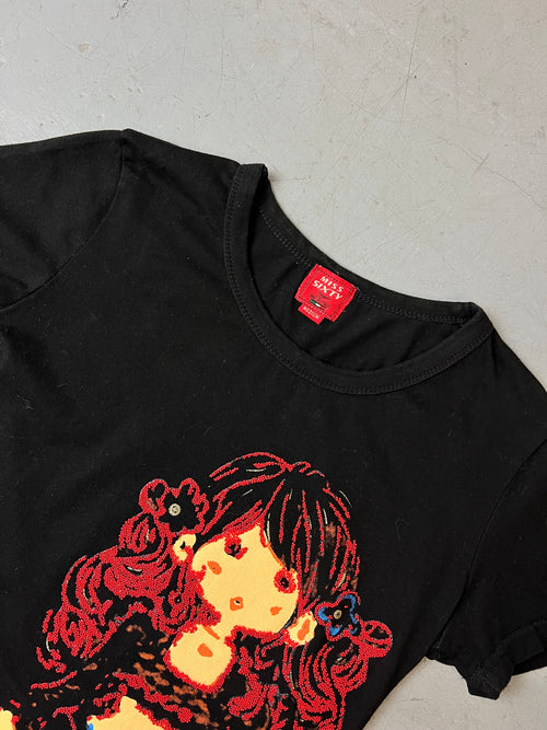 Vintage Miss Sixty Black Printed T-Shirt mit bunten Details für Damen. Y2K Second Hand 2000s Fashion