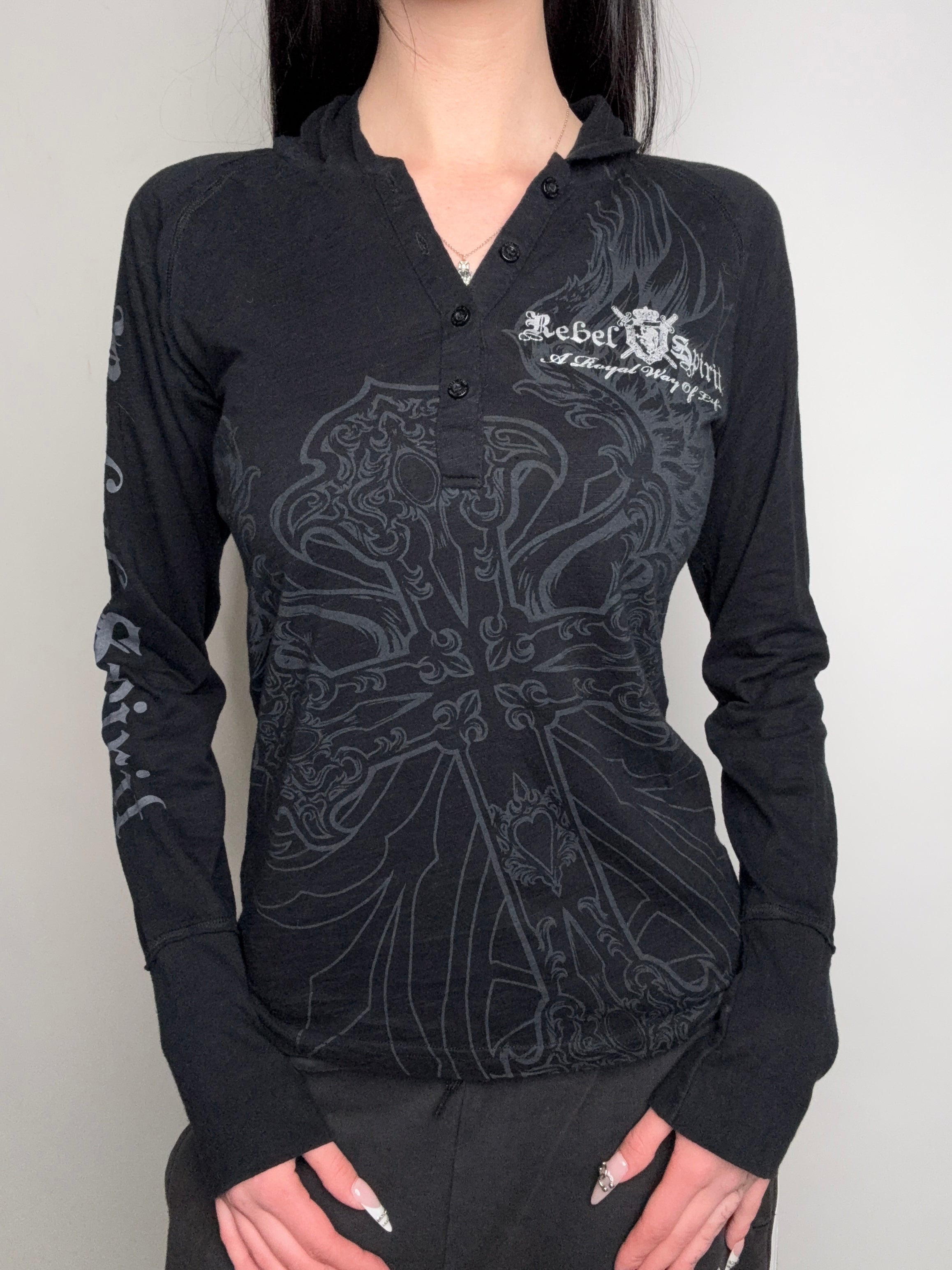 Vintage Rebel Spirit Black Hooded Longsleeve M/L