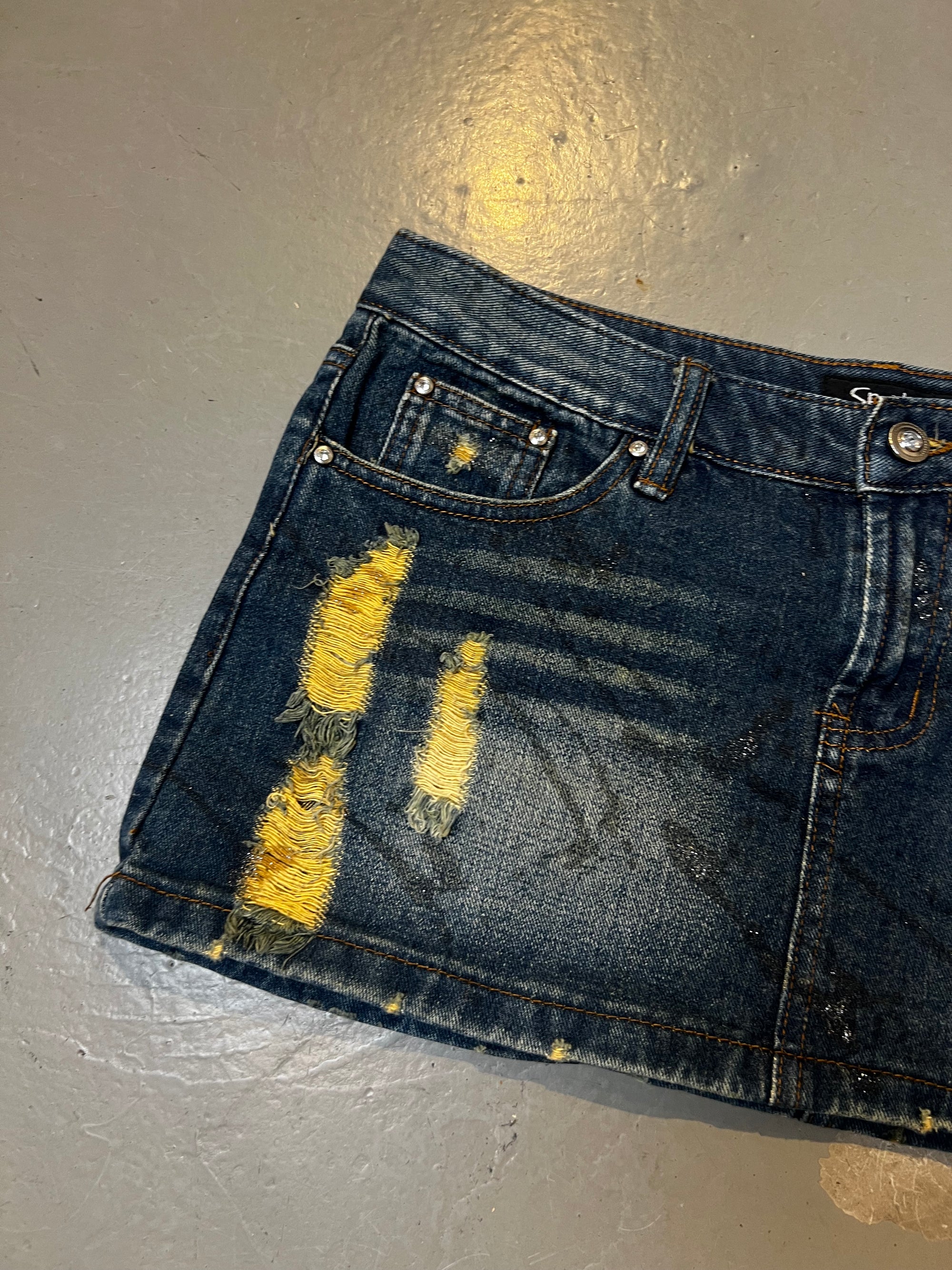 Vintage Y2K Blue Denim Mini Skirt with Gold Details S