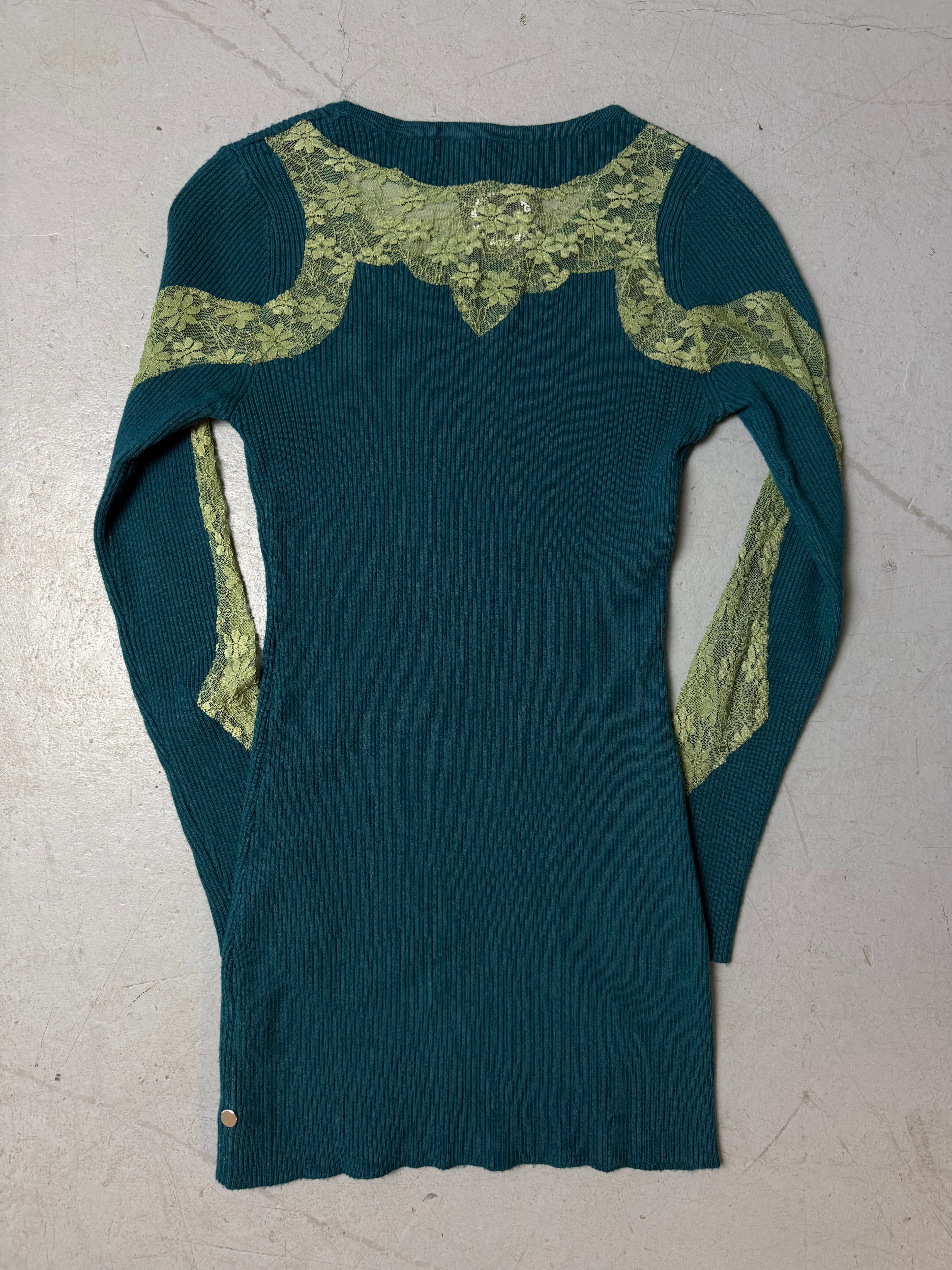 Vintage Fred Perry Turquoise Ribbed Sweater with Lace Details for girls. Y2K Second Hand 2000s Fashion 