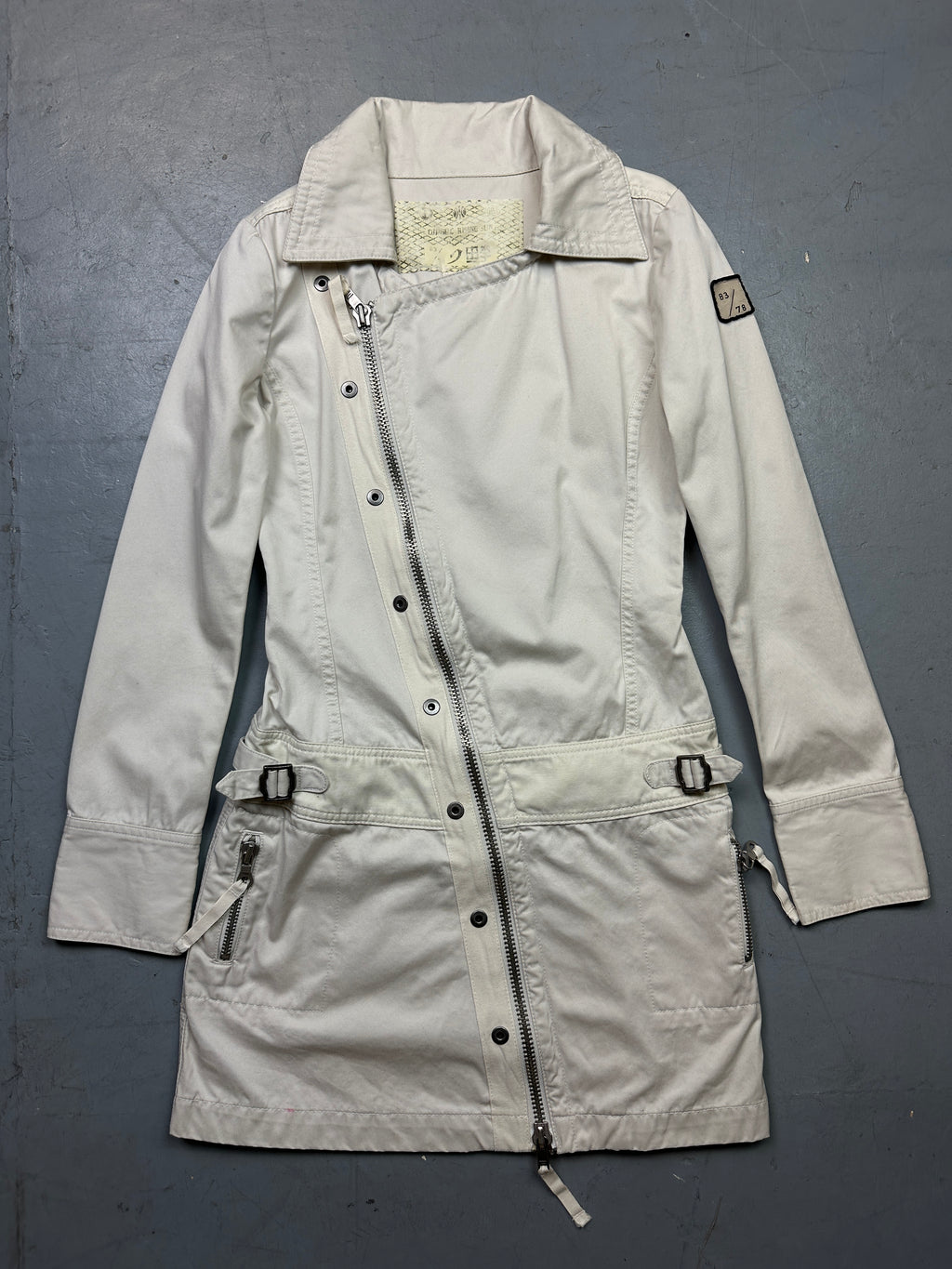 Vintage Diesel Rising Sun White Coat with asymmetrical zip. Y2K Second Hand 2000s Fashion