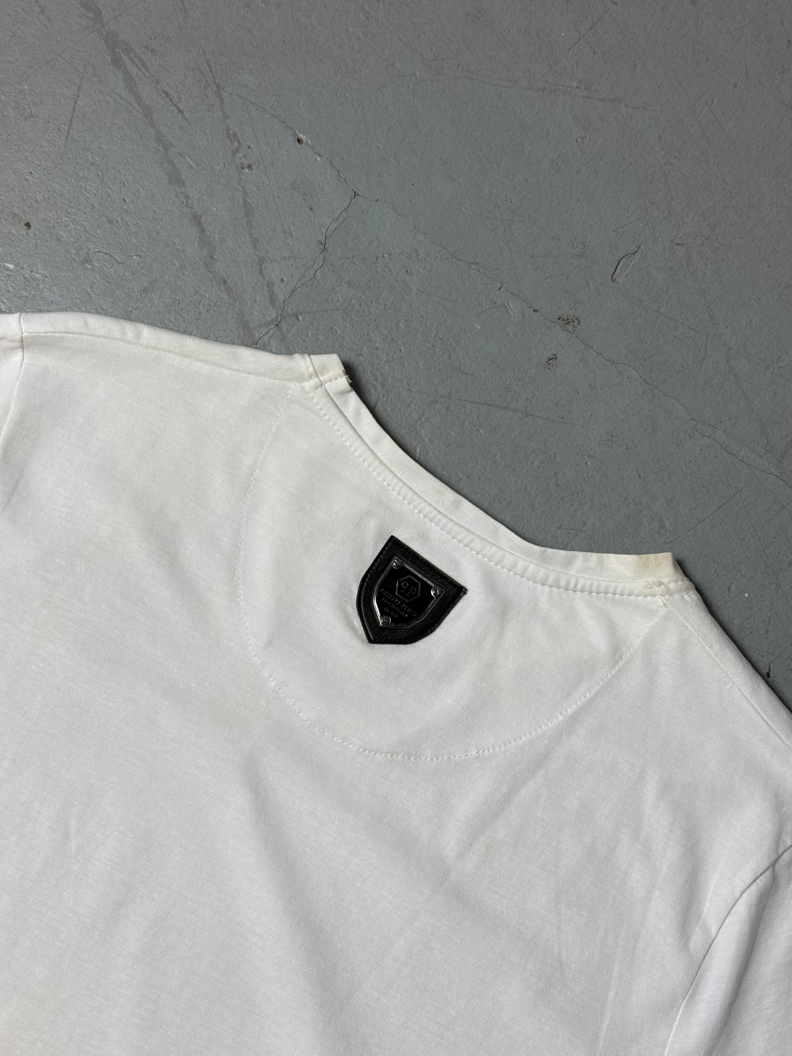 Vintage Philipp Plein Black and White Skull T-Shirt whit glitter stones for girls. Y2K Second Hand 2000s Fashion 