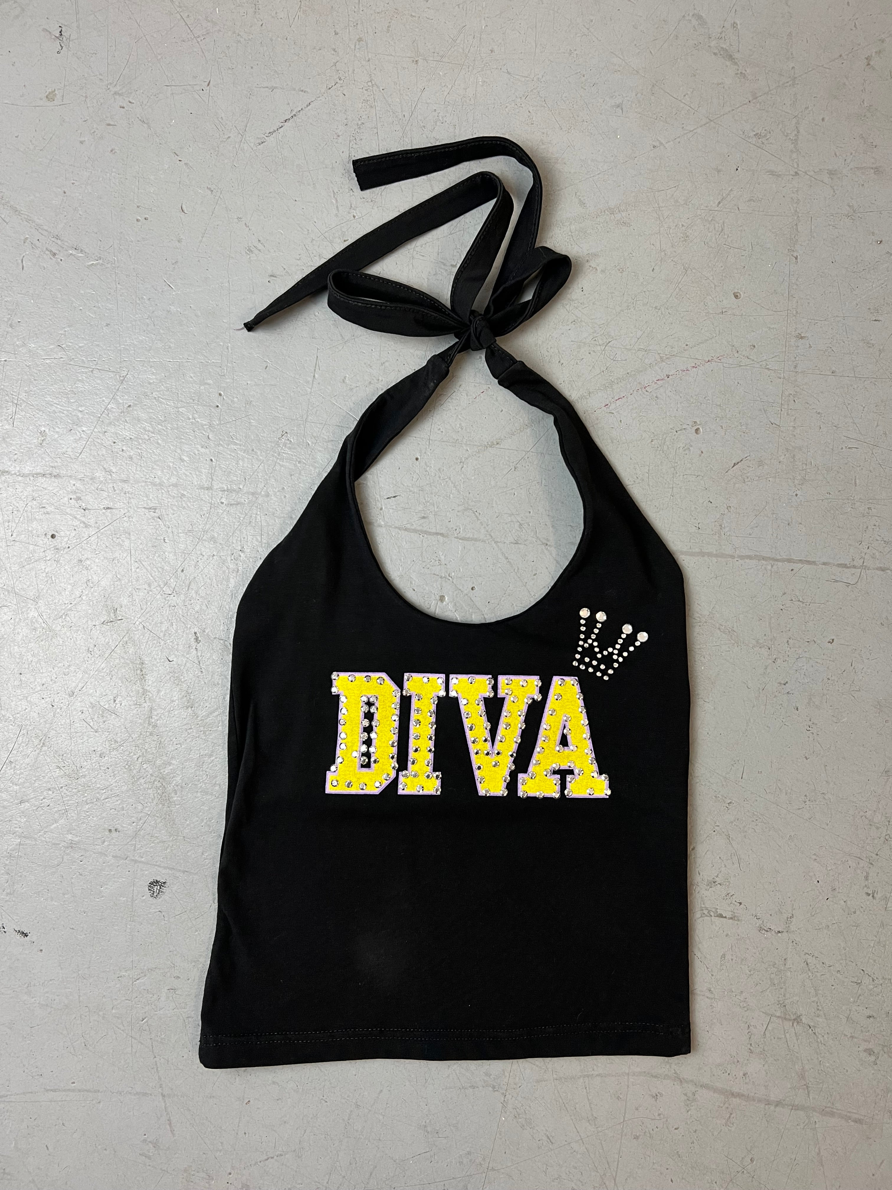 Vintage Diva Rhinestone Neckholder Top für Damen. Y2K Second Hand 2000s Fashion