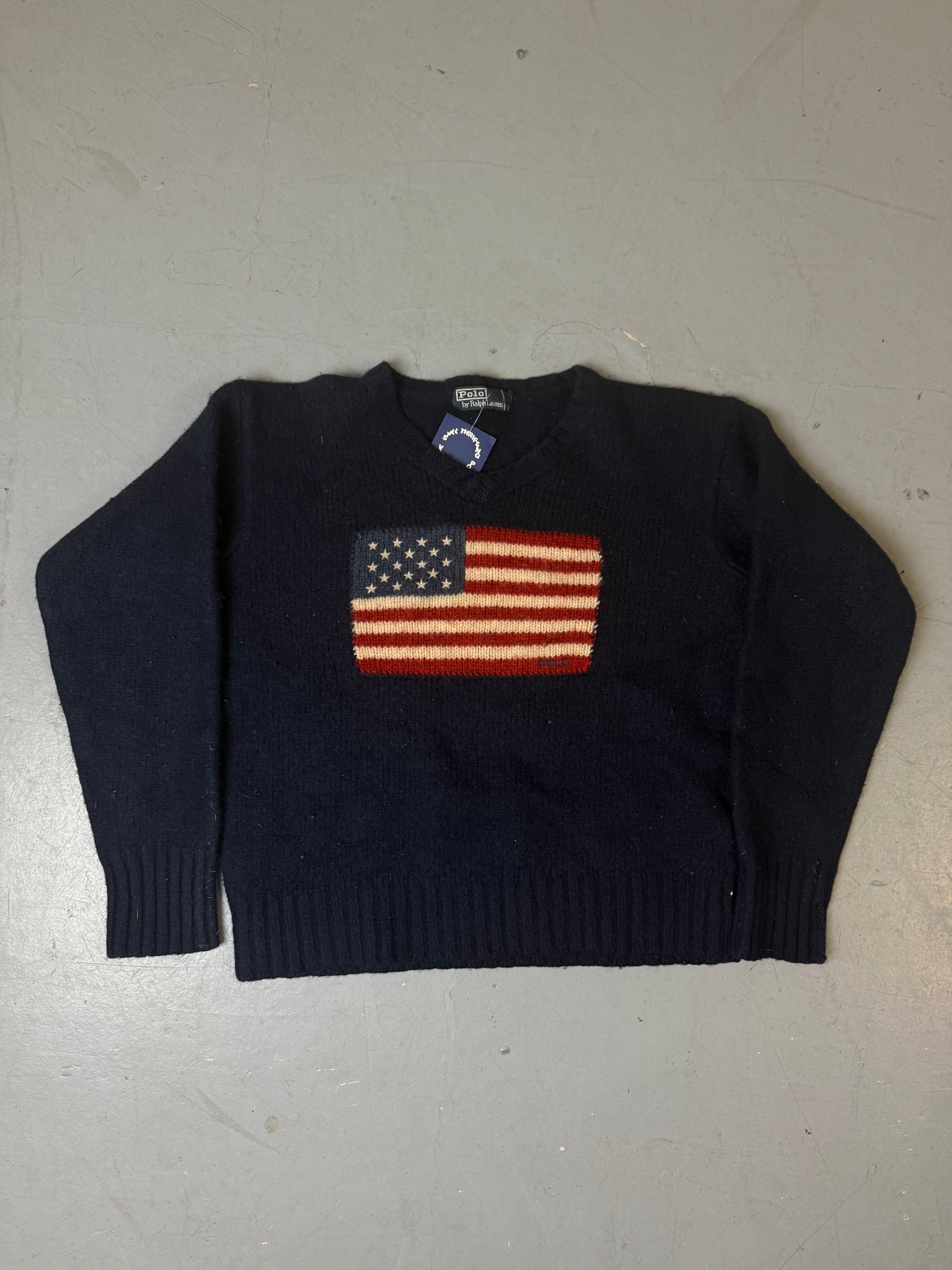 Vintage Polo Ralph Lauren USA Flag Dark Blue Knit Sweater M