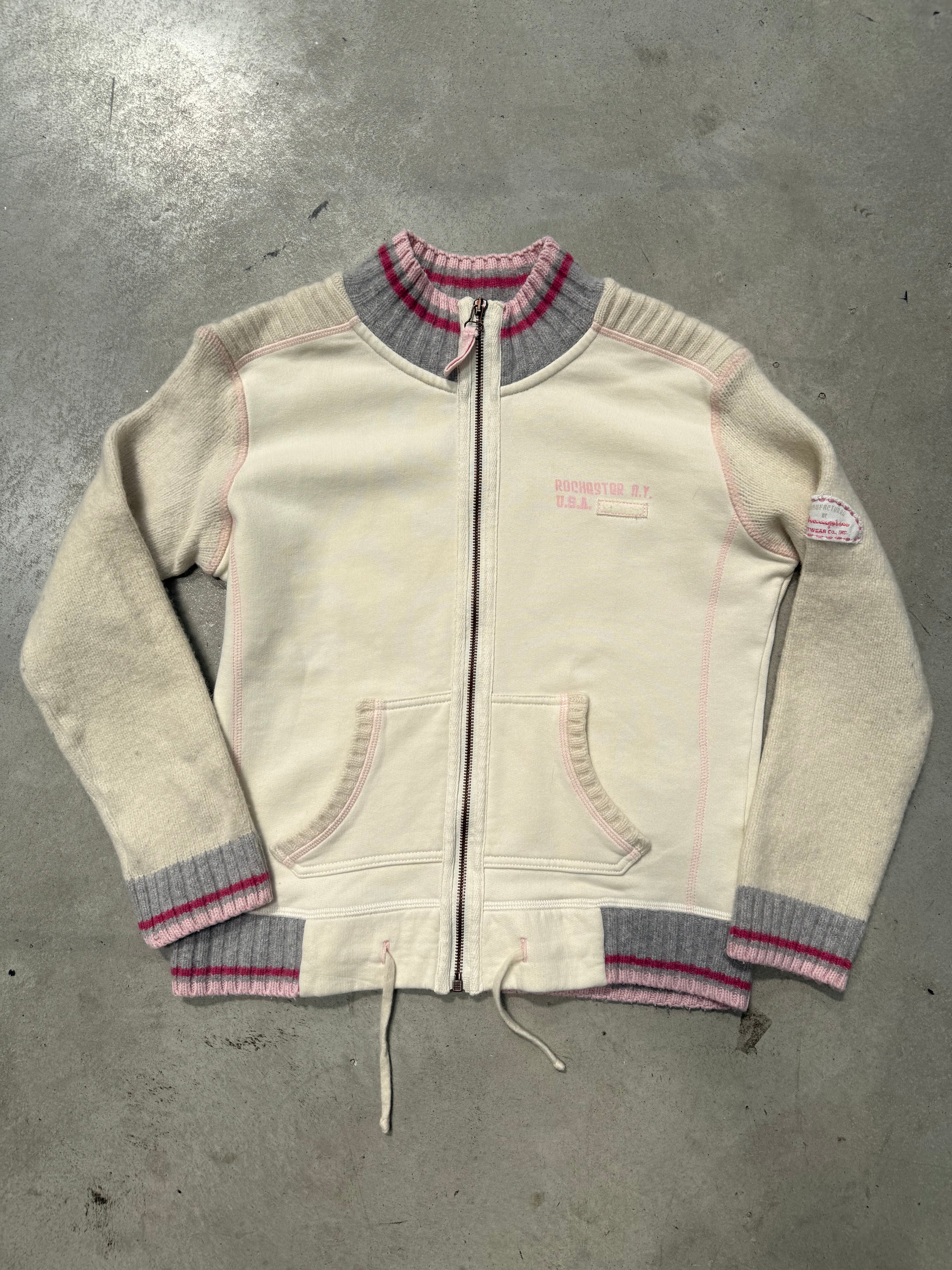 Vintage Champion Cream Knit Zip Up Jacket für Damen Y2K Second Hand Fashion