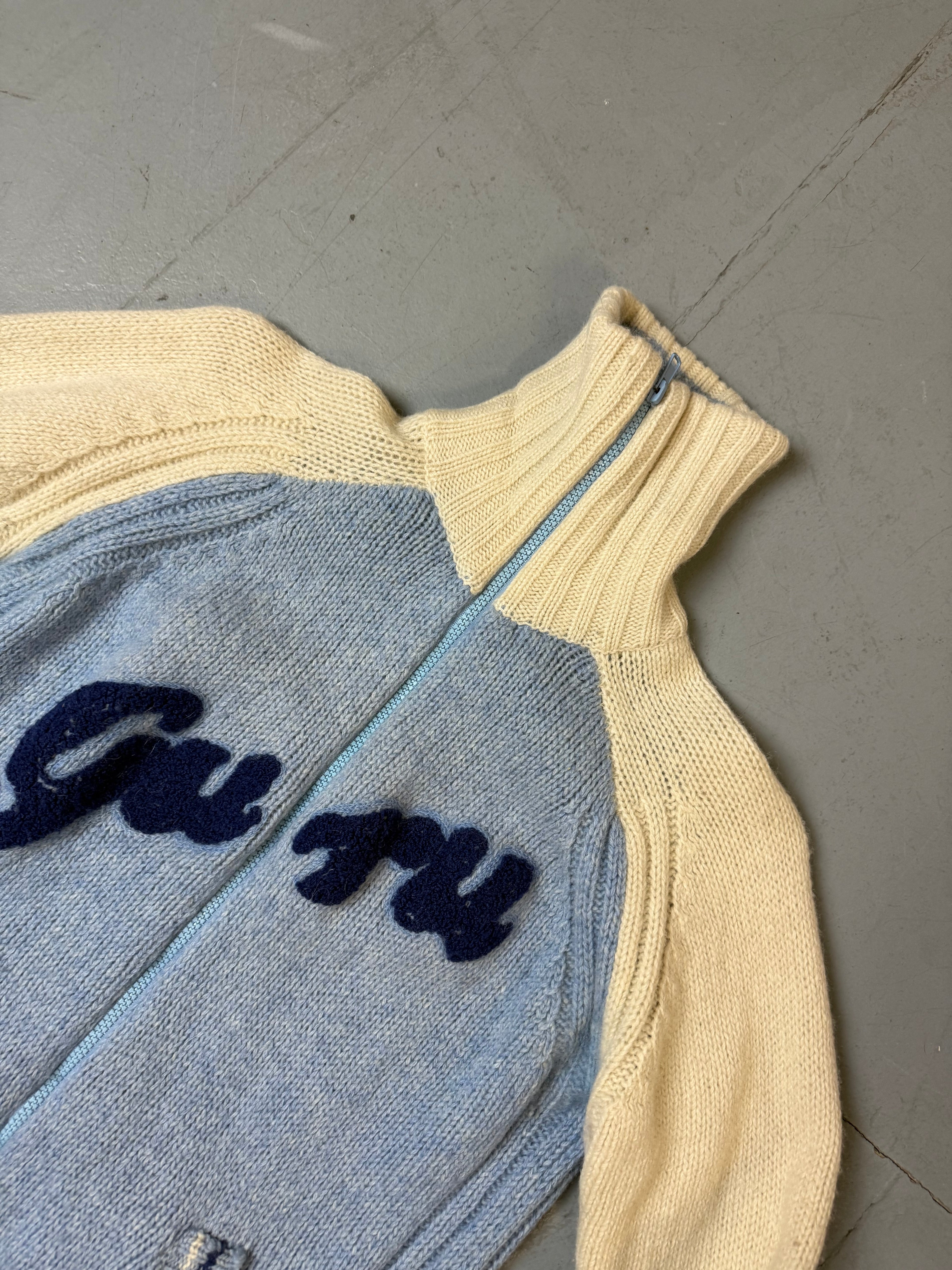 Vintage Guru Blue and Cream Knit Zip Up M