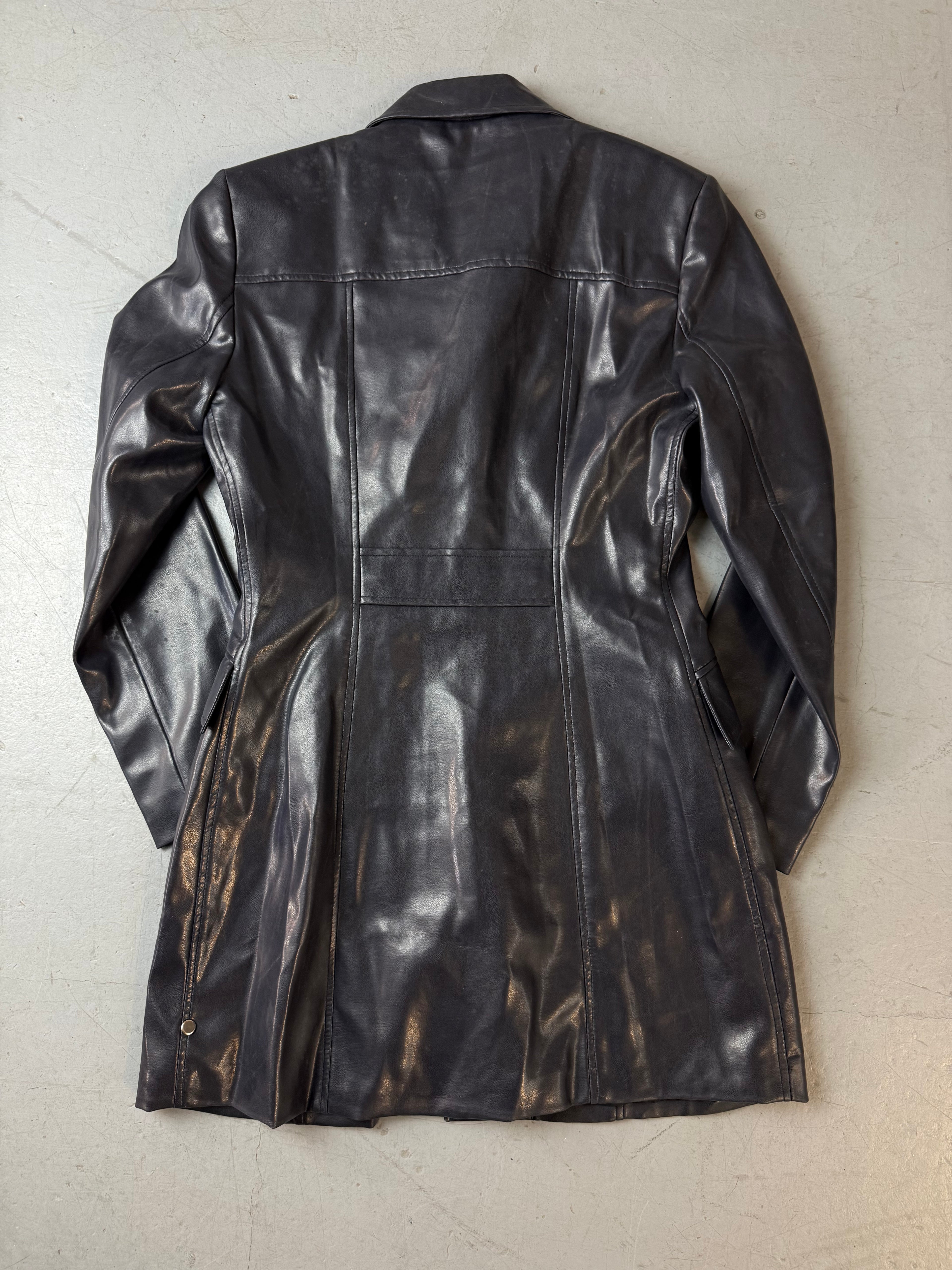 Vintage Dark Blue Faux Leather Coat für Damen. Y2K 2000s Fashion.