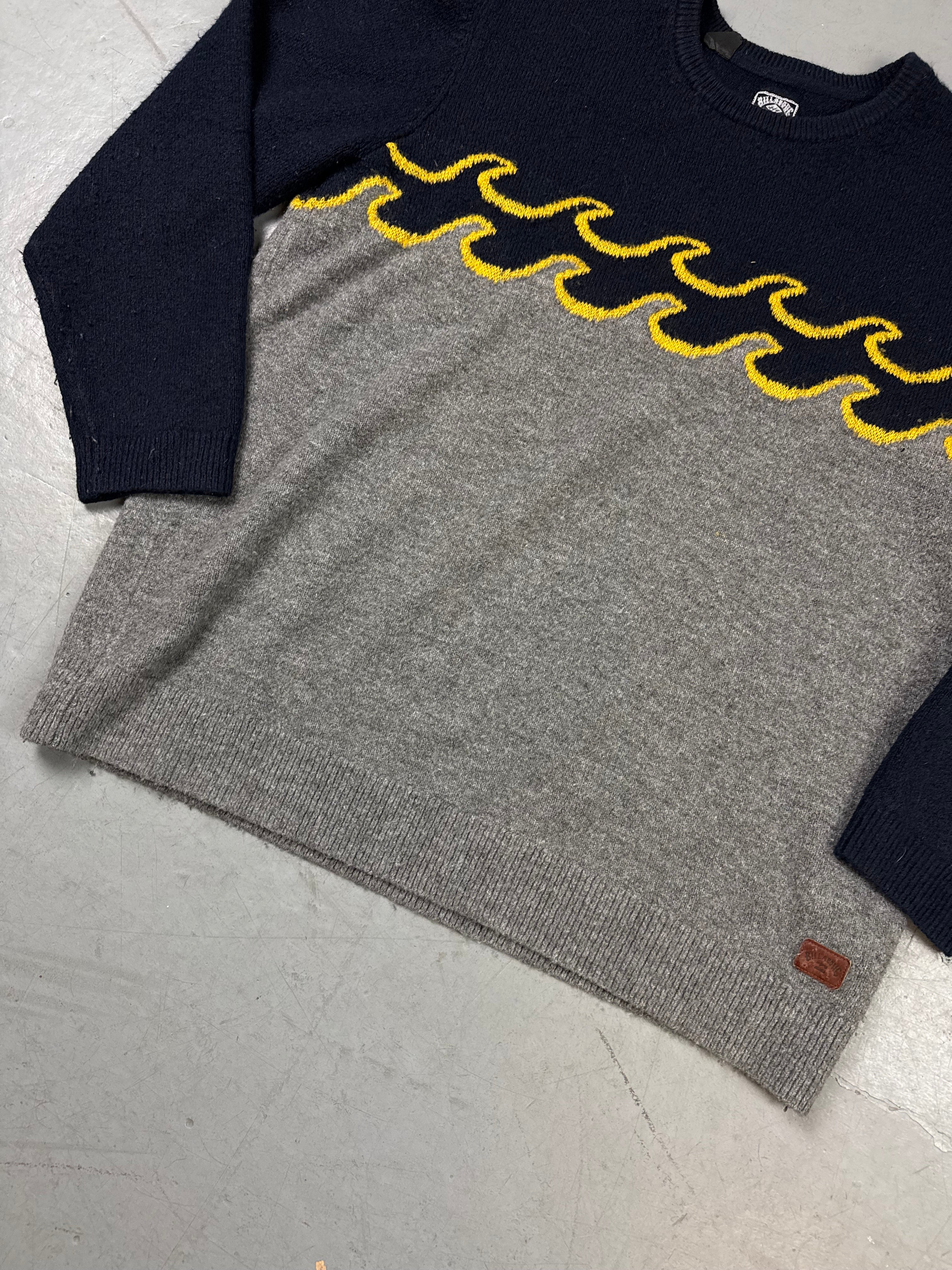 Detailbild von Vintage Billabong Waves Blue and Grey Sweater L von vorne