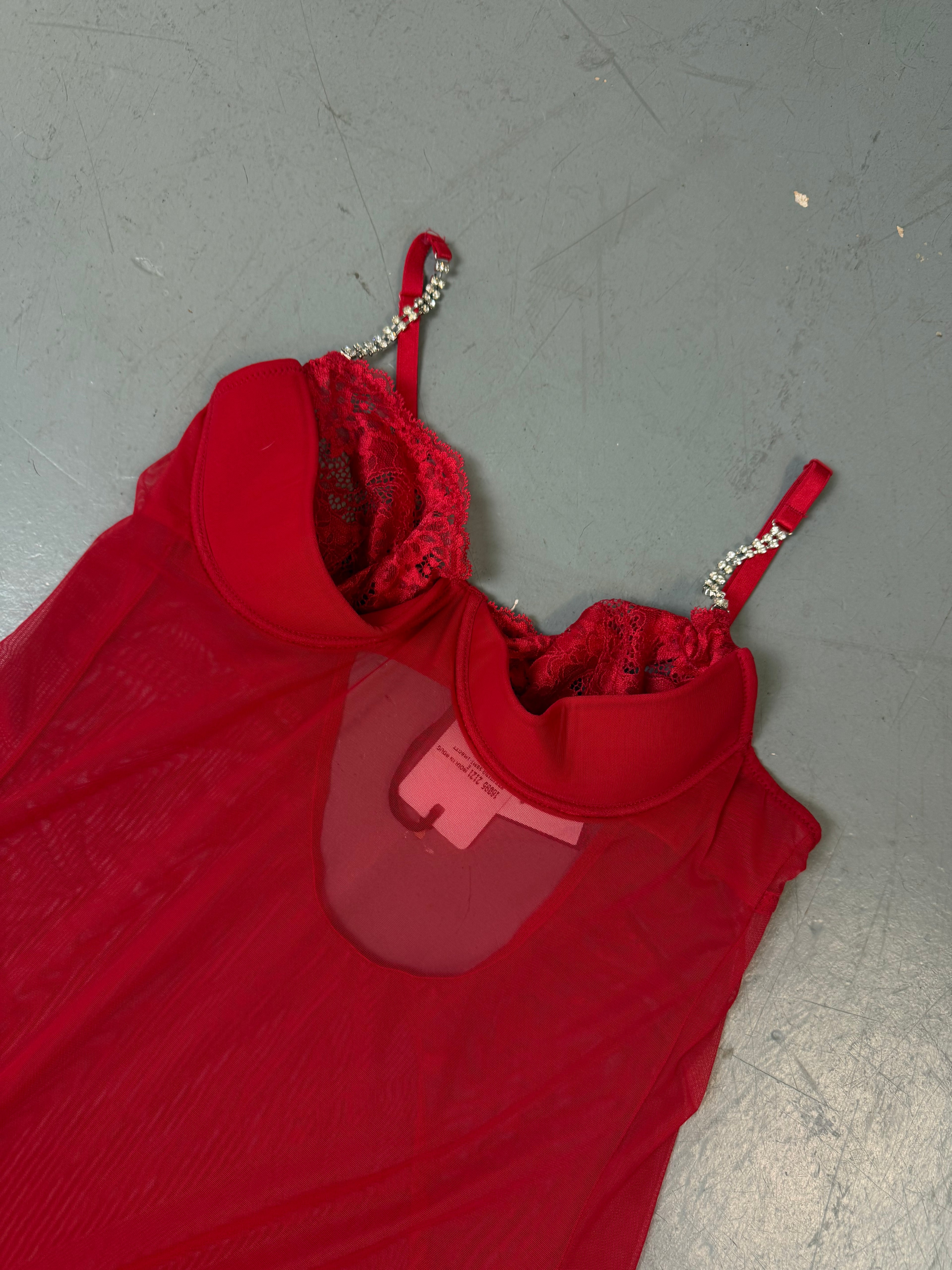 Vintage Red Mesh Top with Rhinestone Straps S