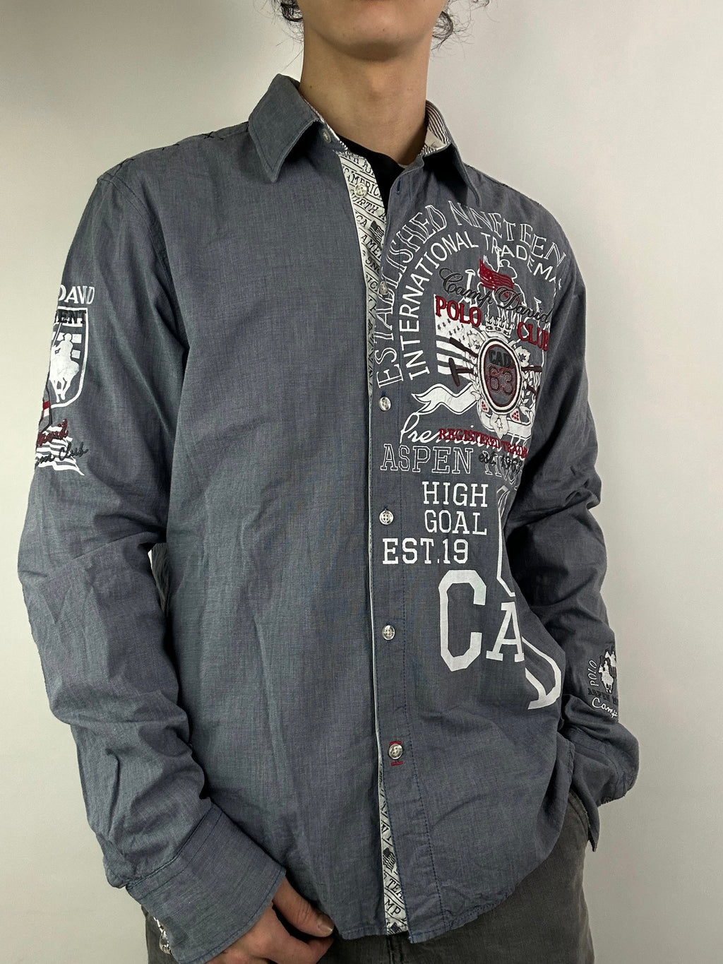 Vintage Camp David Grey Y2K Printed Button Up Shirt M/L