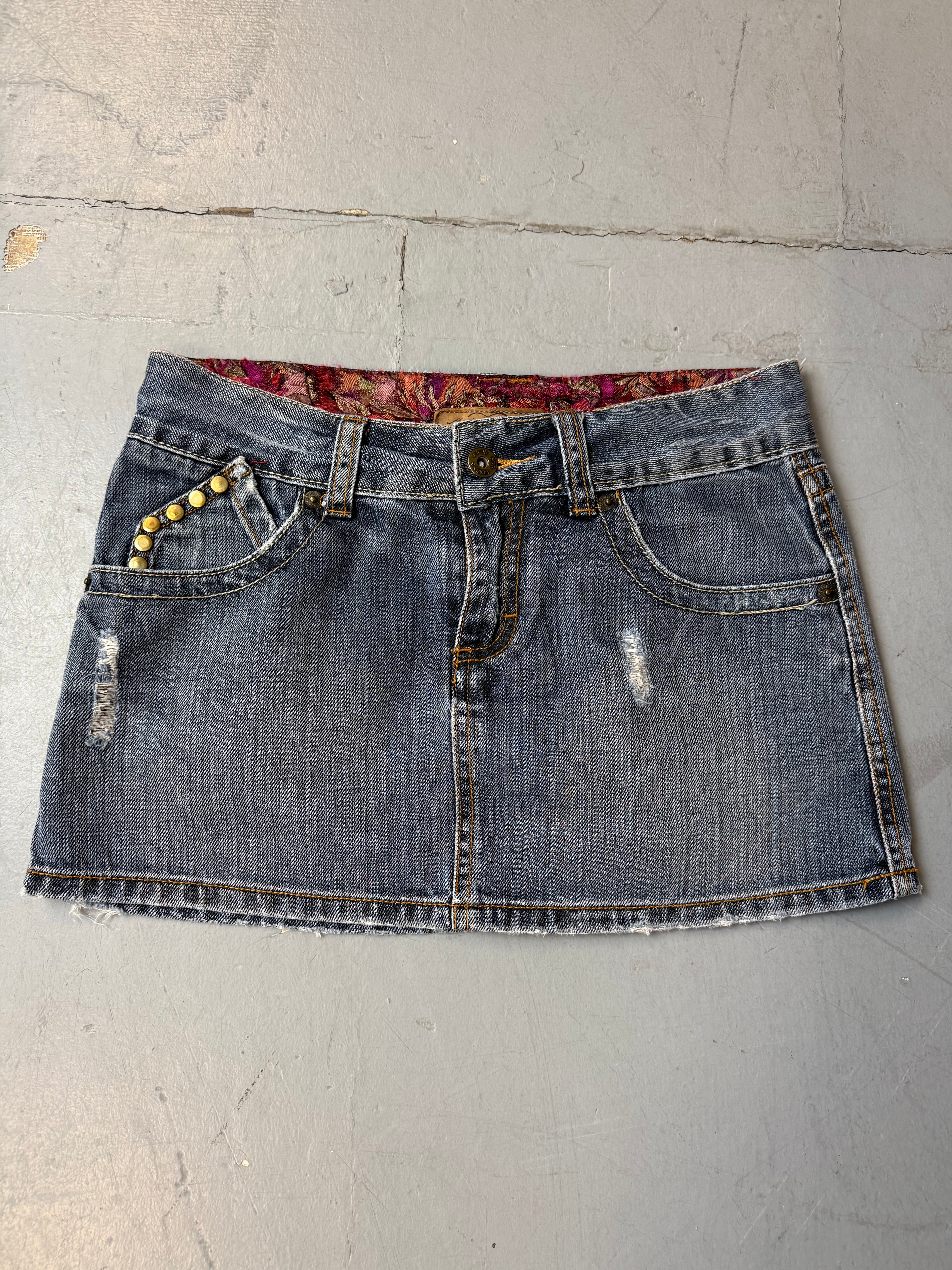 Vintage Denim Mini Skirt with Gold Studs S