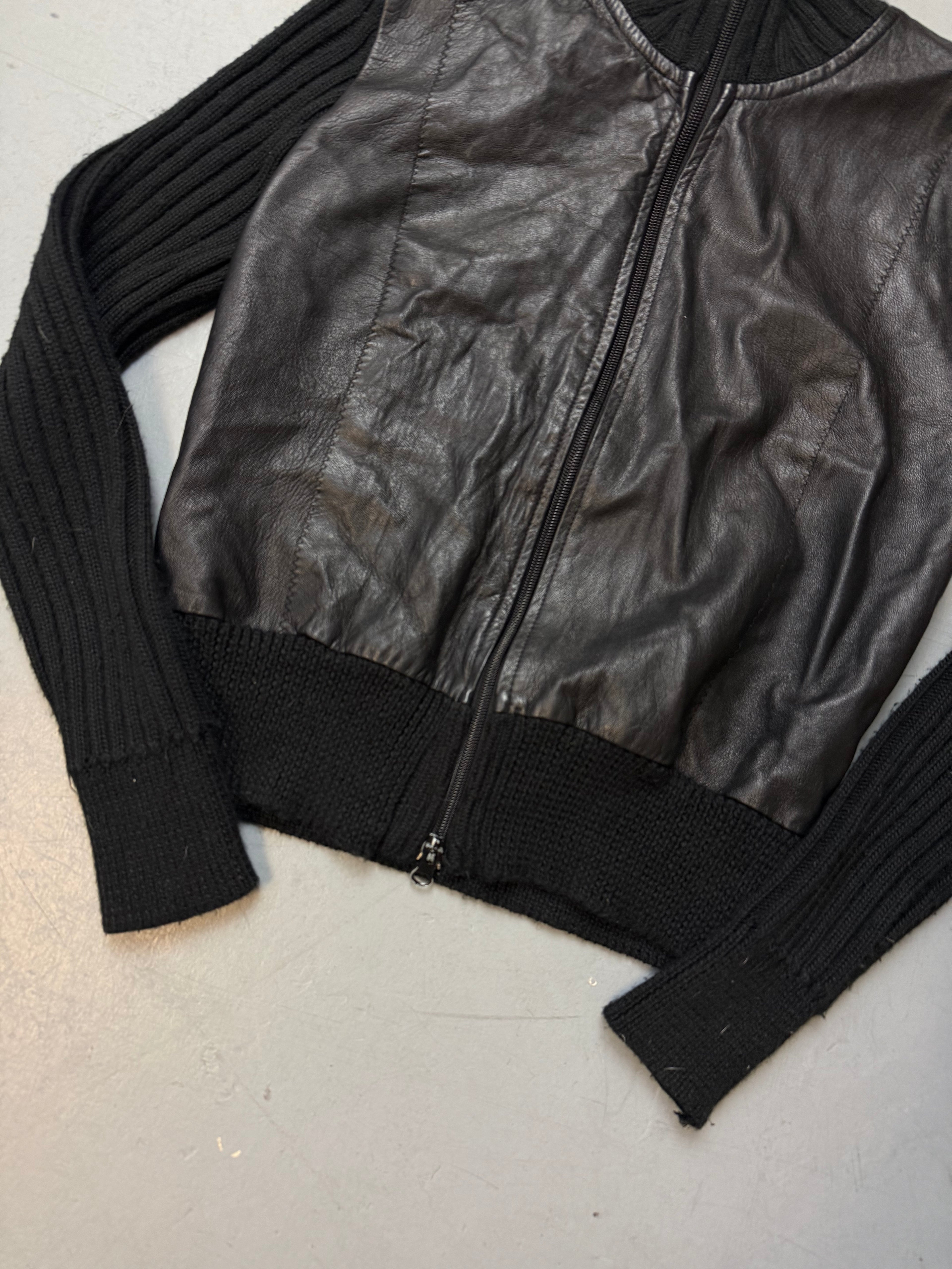 Vintage Black Knit and Leather Zip Up für Damen. Y2K Second Hand 2000s Fashion