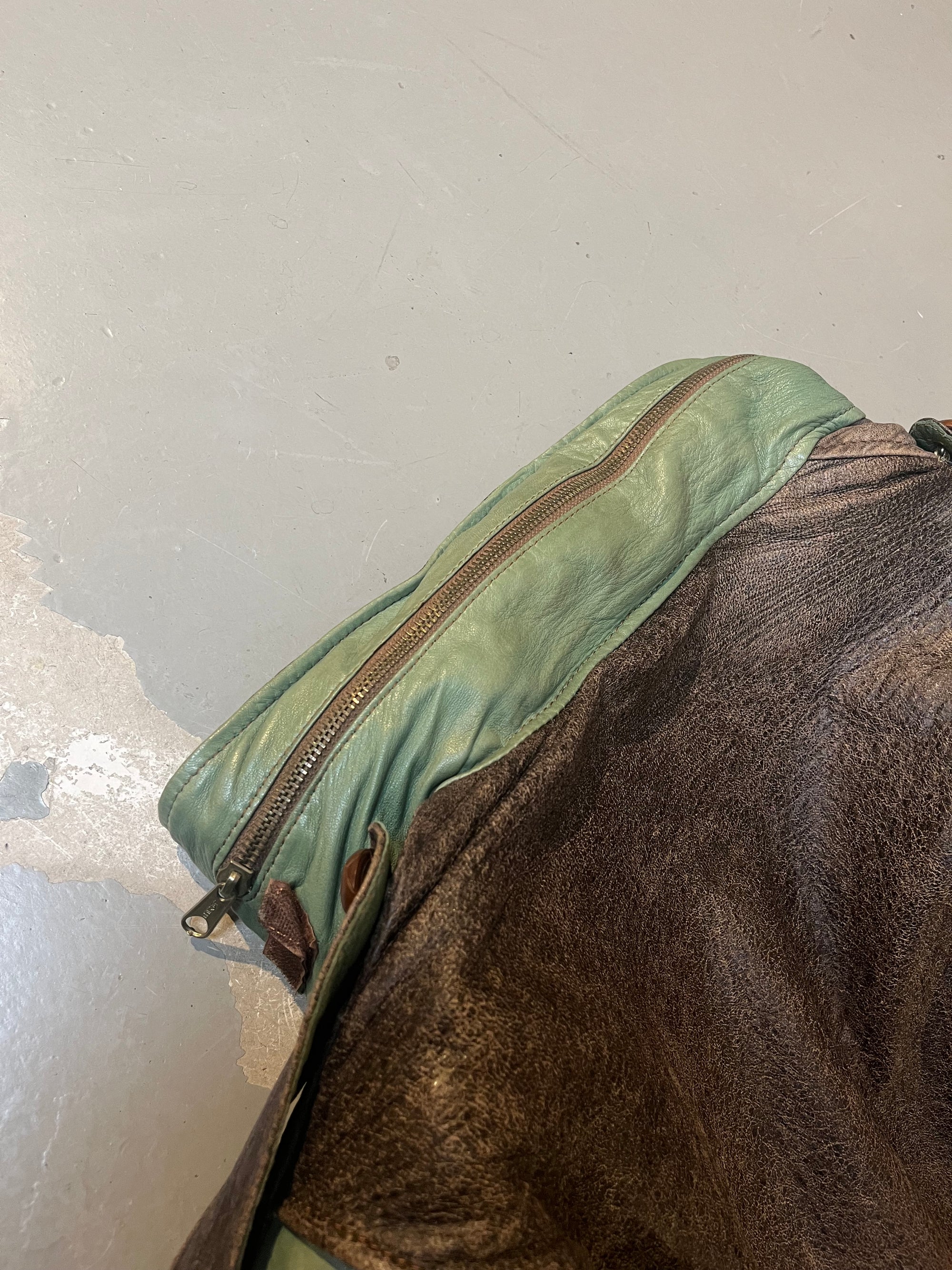 Vintage Brown Leather Jacket With Green Details L/XL