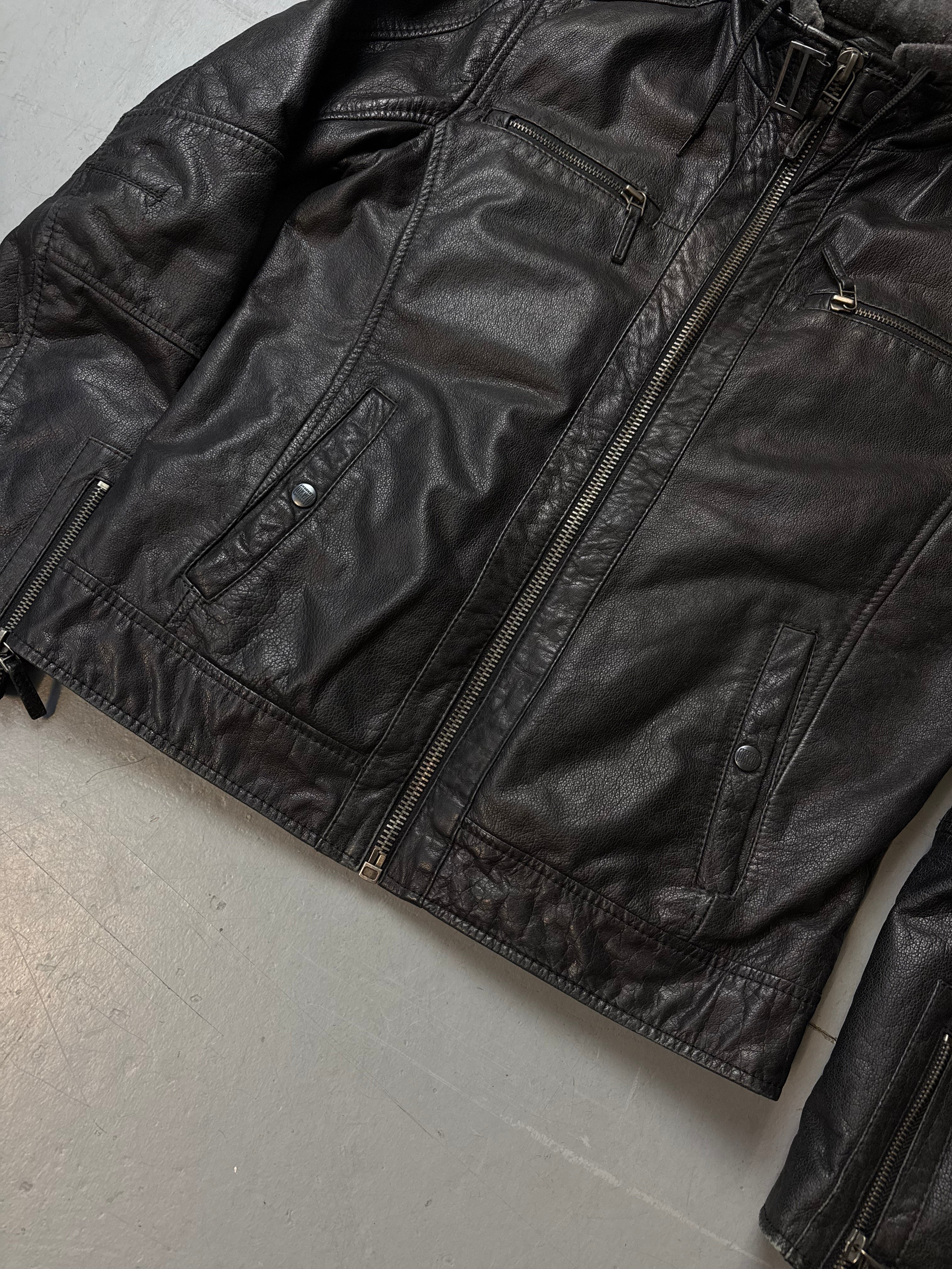 Vintage Oakwood Black Hooded Leather Jacket M