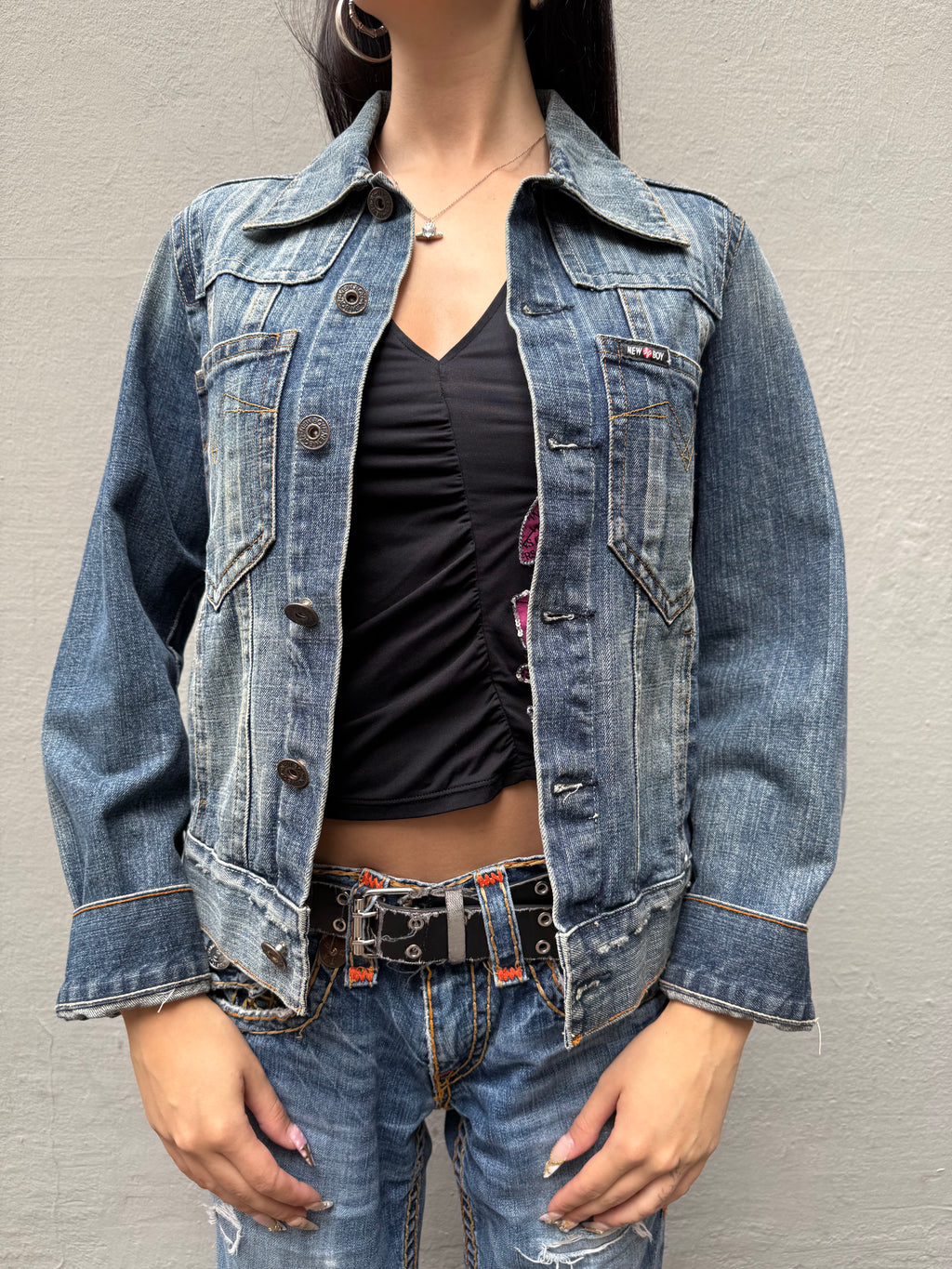 Vintage New Boy Denim Jacket with Back Print M